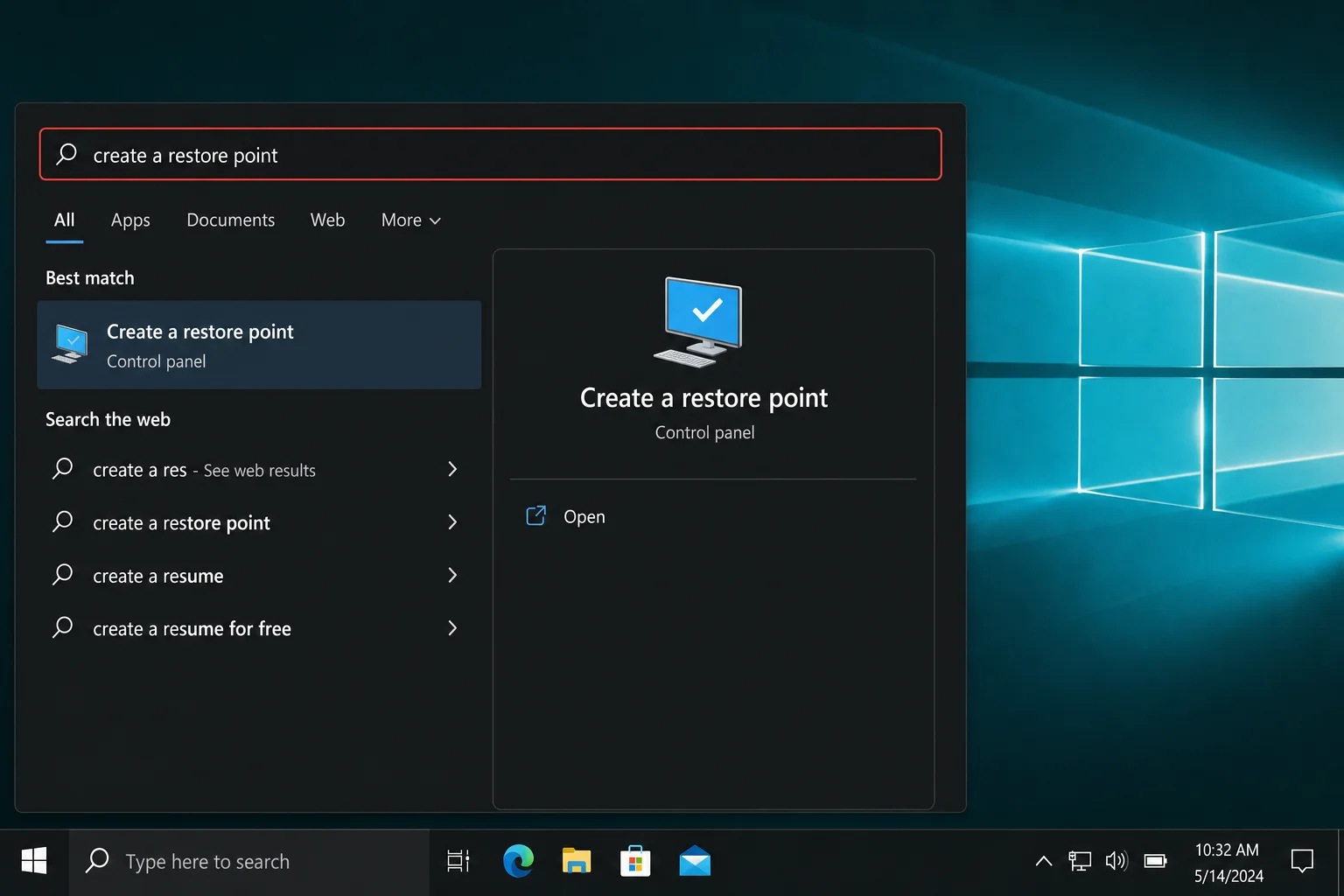 Windows 10/11 Start menu search showing "create a restore point" result at the top of the list