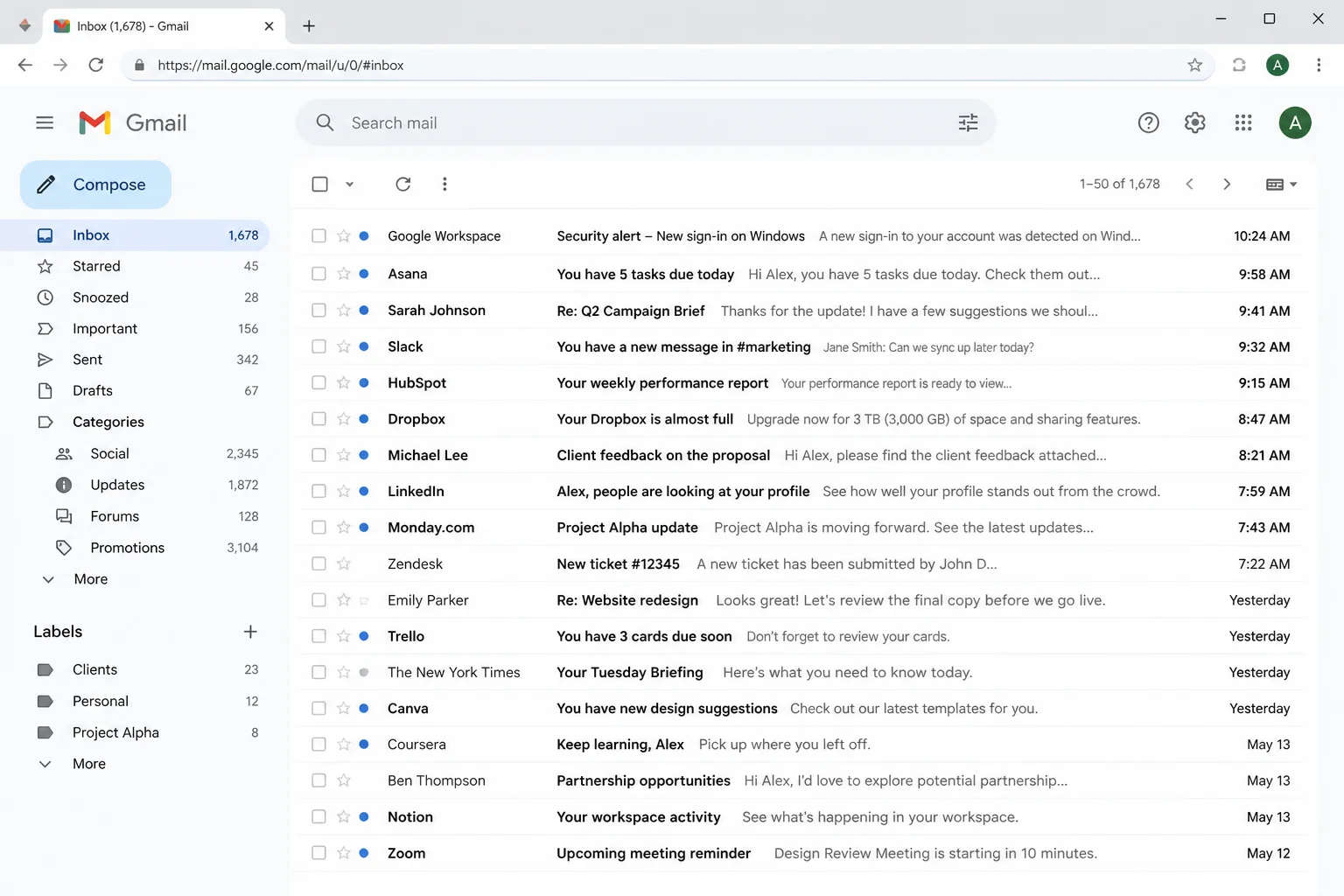 Current Gmail inbox showing a crowded inbox before starting the Inbox Zero cleanup