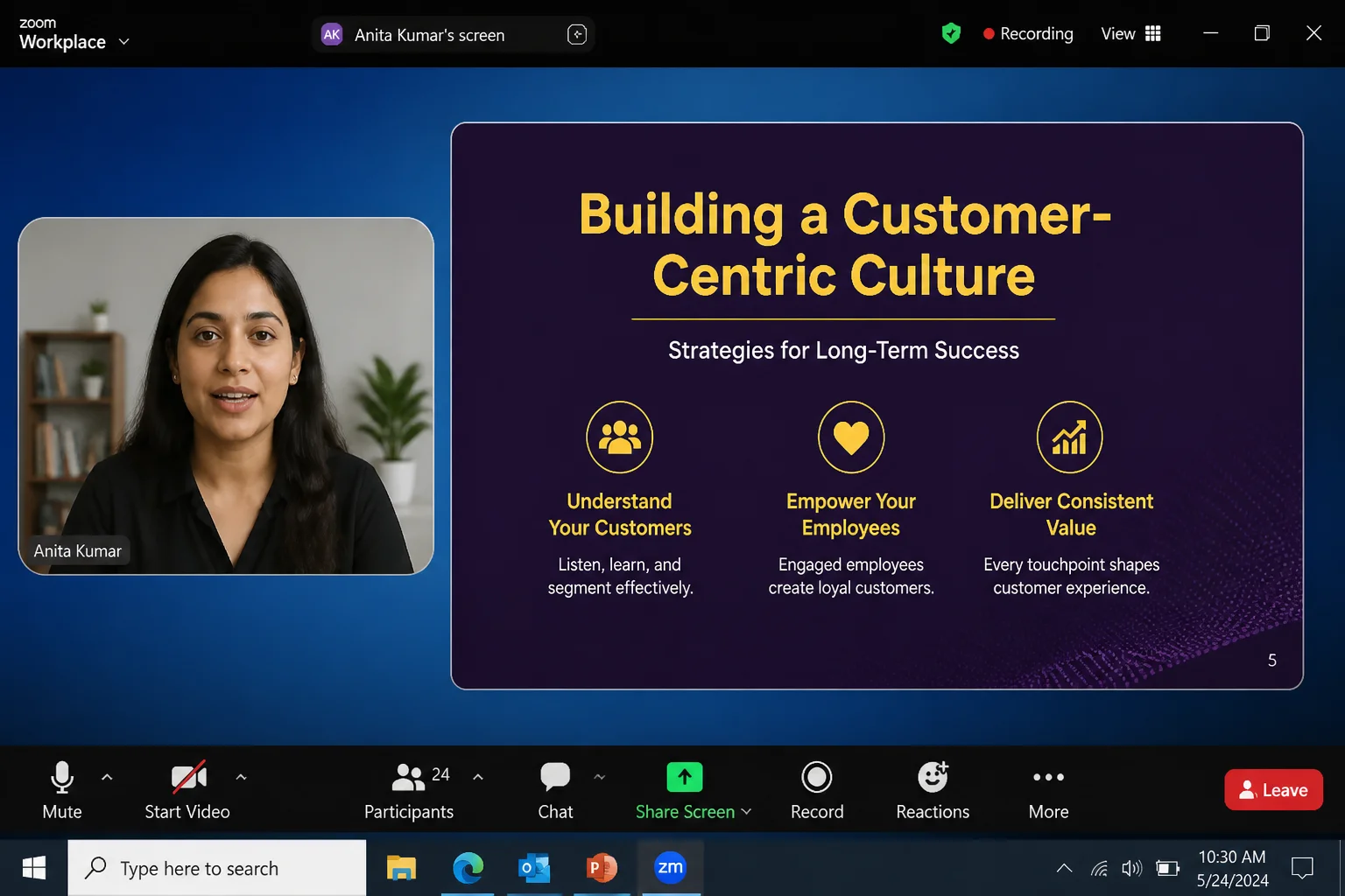 Zoom Workplace meeting with a presenter sharing slides and the meeting toolbar visible