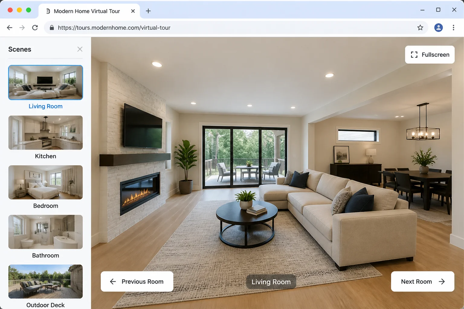 Modern interactive virtual tour open in a browser with room navigation arrows, scene thumbnails, and fullscreen controls visible