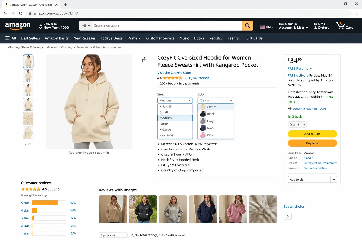 Amazon product listing showing variation selector with size and color options, and the reviews section below illustrating how different variants share a common review pool