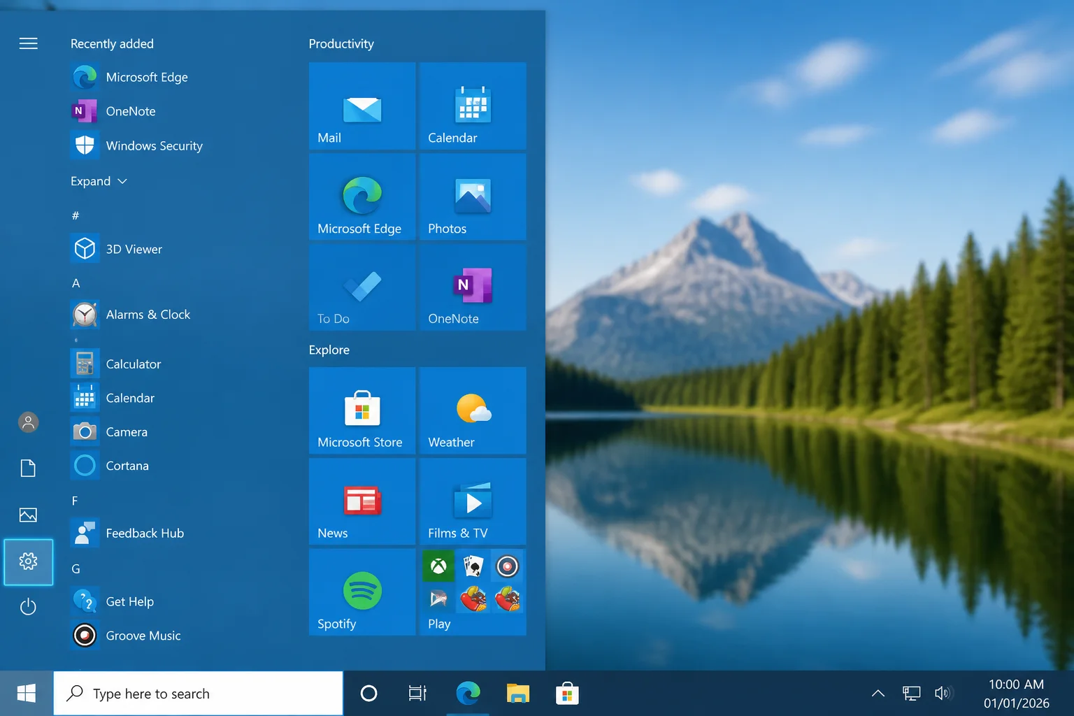 Windows 10 Start menu open with the Settings gear icon highlighted