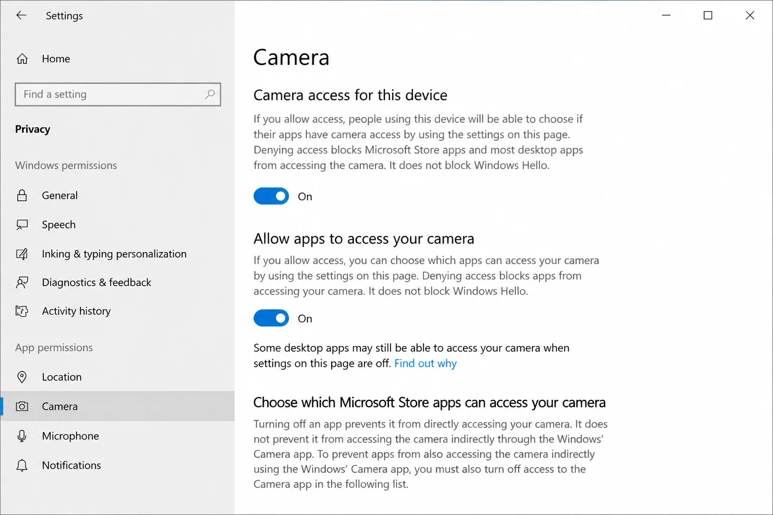 Windows 10 Settings > Privacy > Camera page showing Camera access toggle set to On and Allow apps to access your camera toggle set to On
