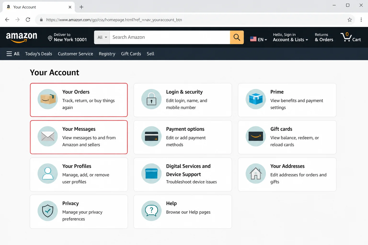 Amazon account page showing Your Orders and Message Center navigation options