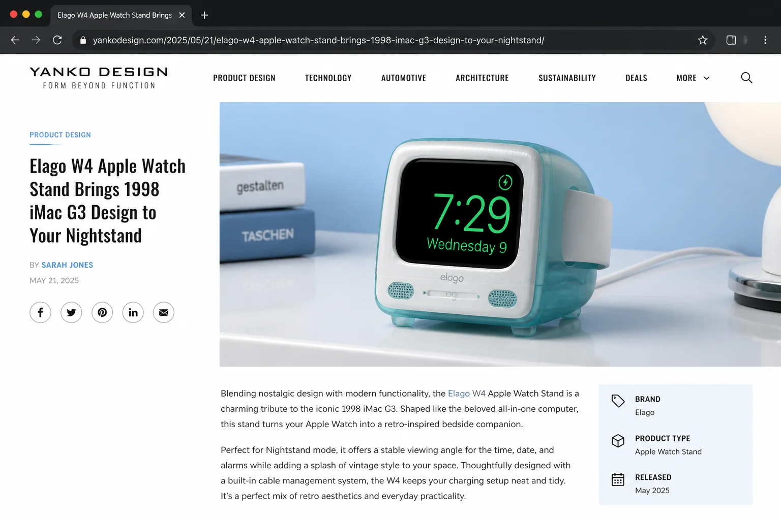 Elago W4 Apple Watch stand styled as a 1998 iMac G3 in aqua blue, with an Apple Watch placed inside showing the Nightstand mode clock displayed on its face