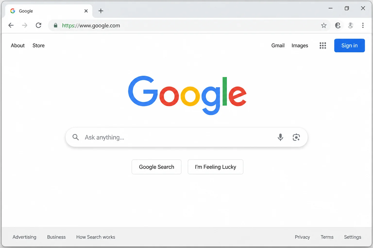 Google Search homepage showing the 2026 interface with the search bar centered and Google logo above it