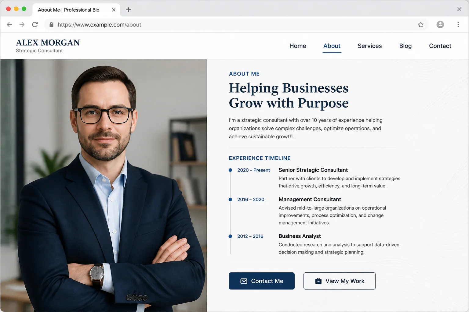 Example of a well-structured website About page with author credentials, experience timeline, and professional photo visible