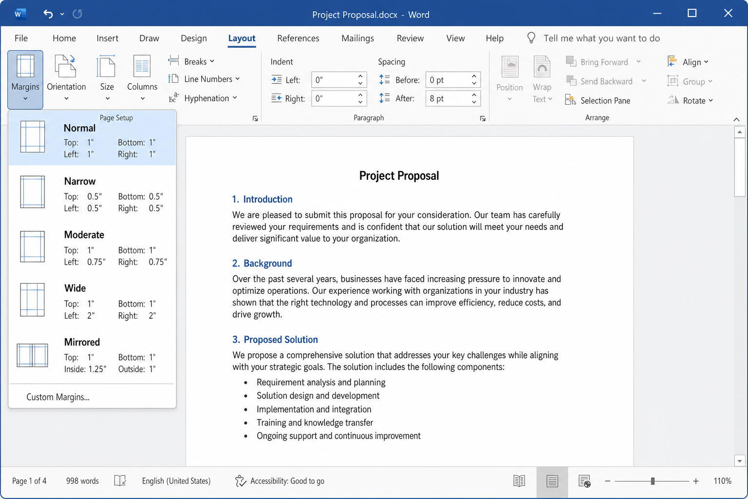 Word Layout tab open with Margins dropdown showing Normal (1 inch) option highlighted