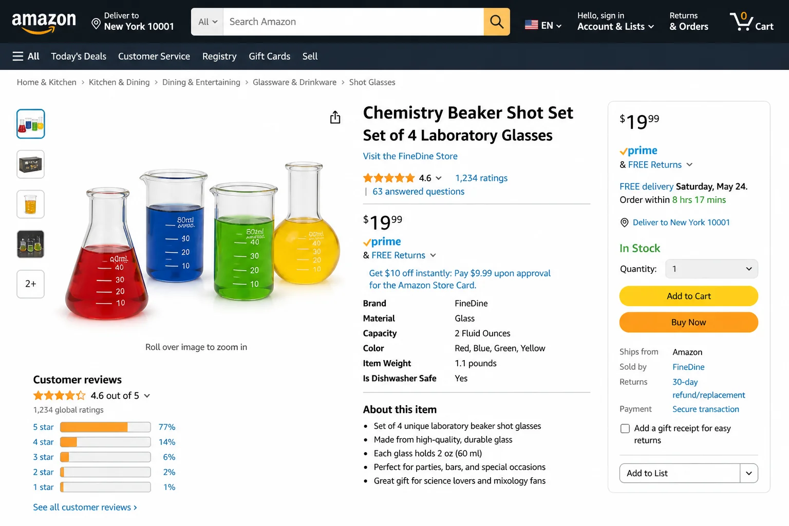 Set of chemistry-themed shot glasses shaped like laboratory beakers, Erlenmeyer flasks, and test tubes arranged together on a surface