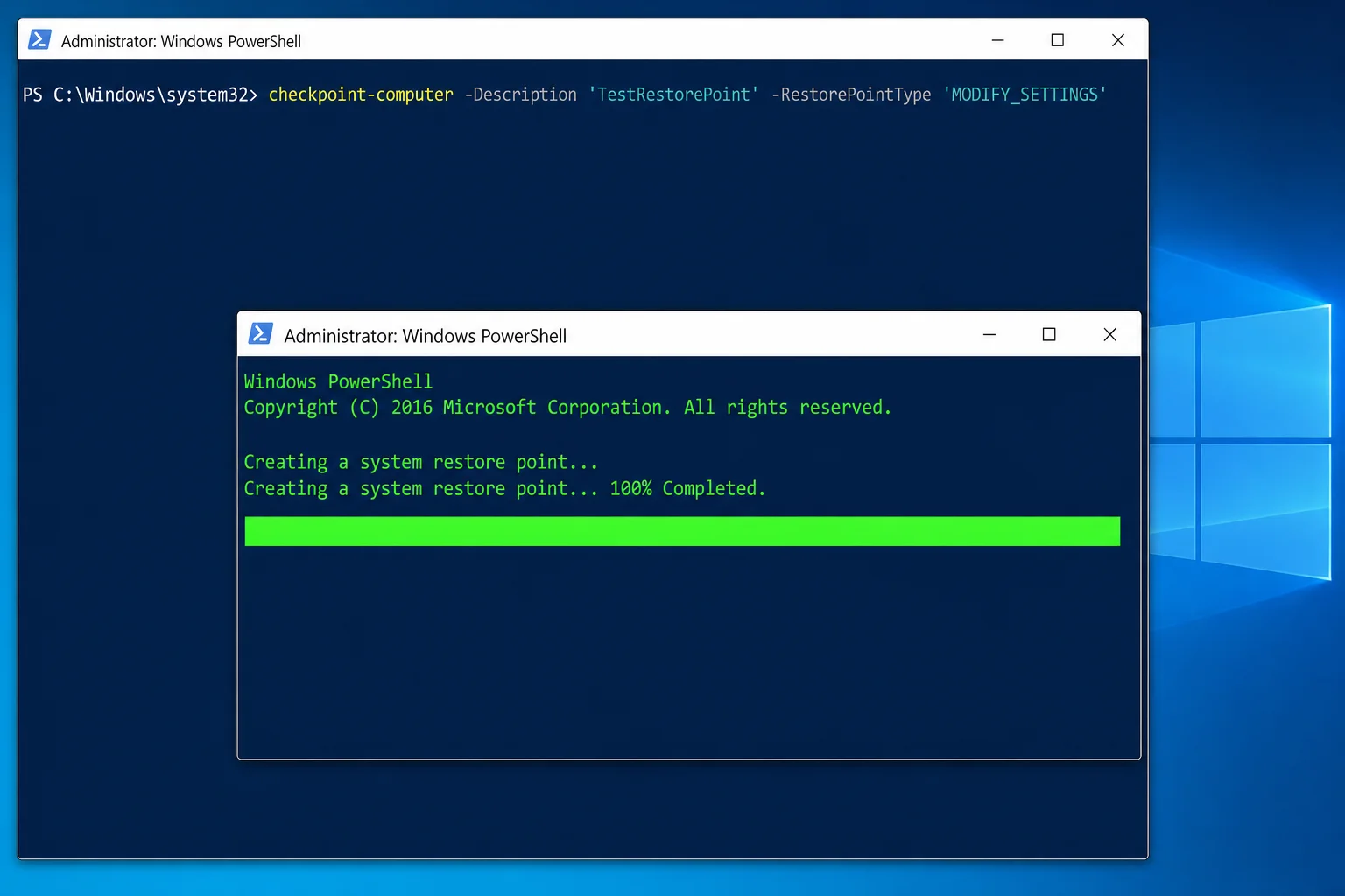 PowerShell window showing the Checkpoint-Computer command completed successfully with the progress bar at 100%