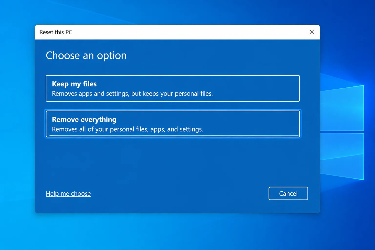 Reset this PC dialog showing Remove everything option highlighted