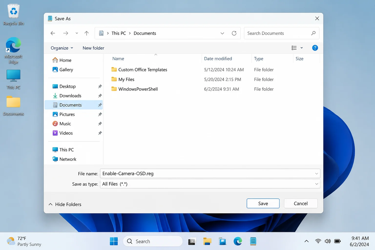 Notepad Save As dialog with filename set to Enable-Camera-OSD.reg and Save as type set to All Files