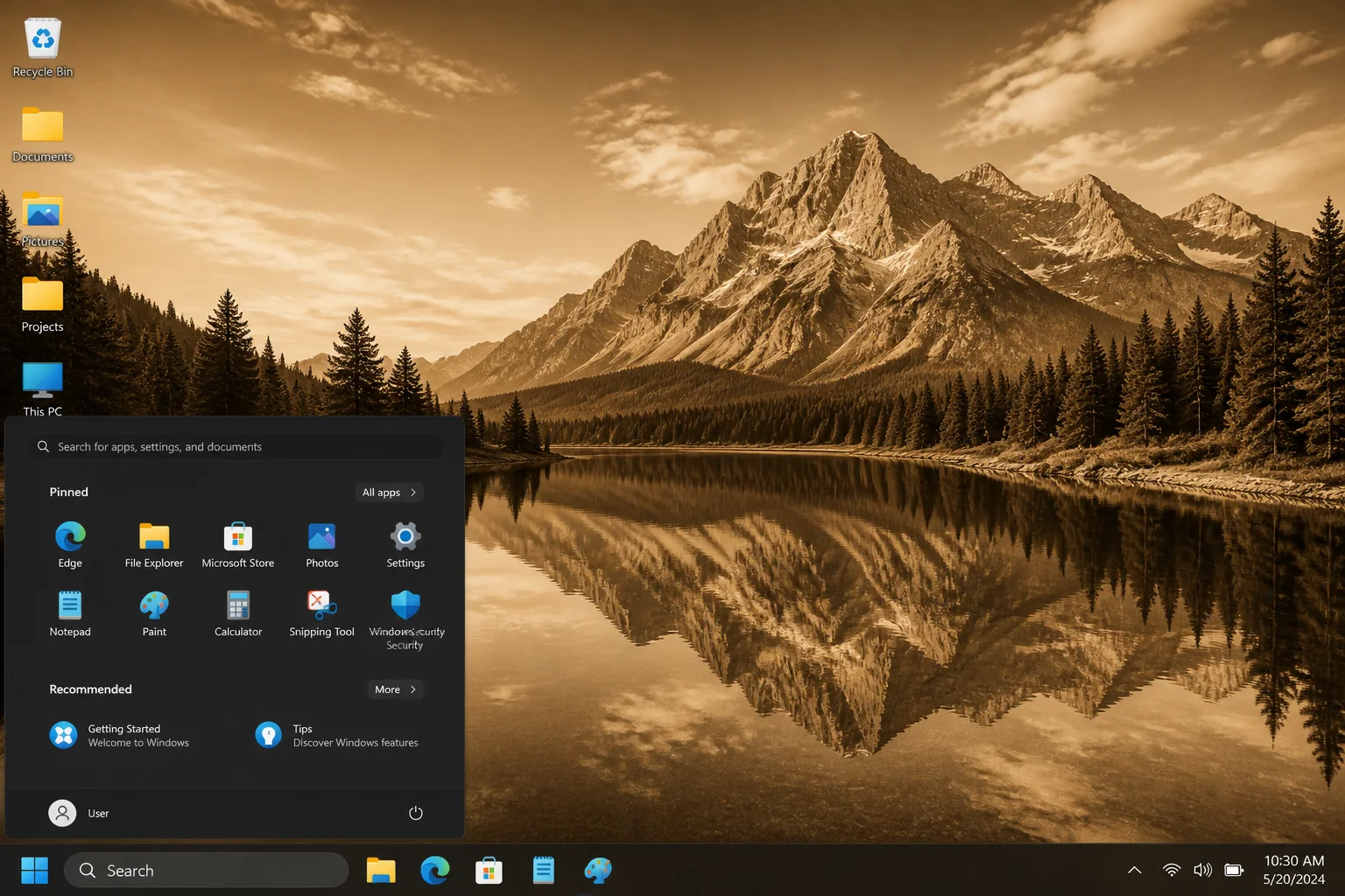 Windows 11 desktop showing JBS sepia background effect applied to a landscape photo wallpaper