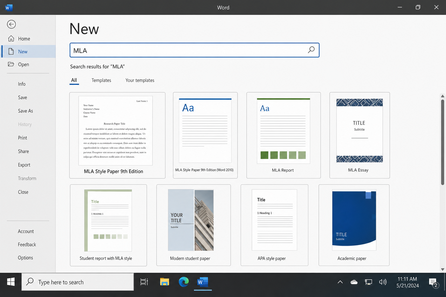 Word New Document screen with MLA typed in the template search bar and MLA style paper 9th edition template result visible