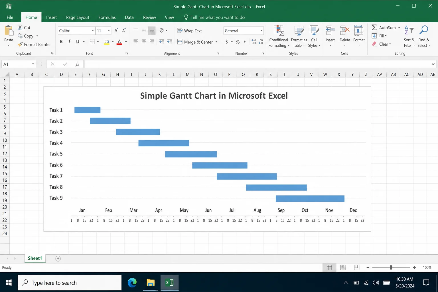 Finished Excel Gantt chart with colored duration bars, task names on the vertical axis, and a clean date timeline on the horizontal axis
