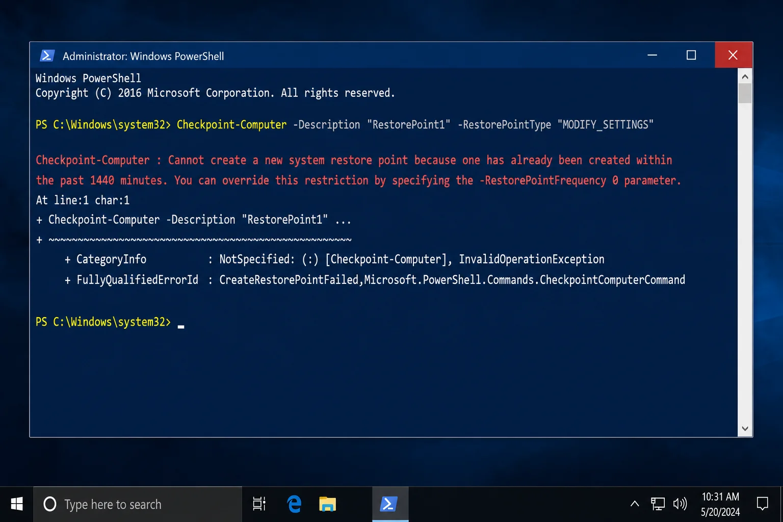 PowerShell window showing the 1440-minute error message when trying to create a second restore point within 24 hours