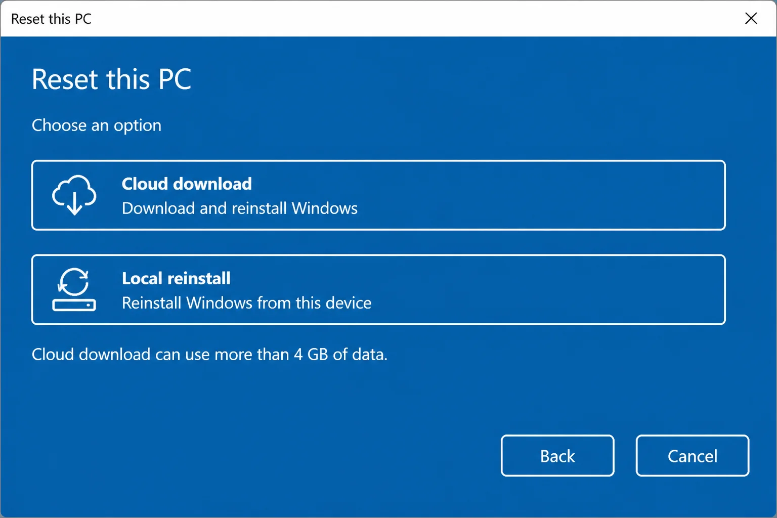 Reset this PC screen showing Cloud download and Local reinstall options after selecting Remove everything