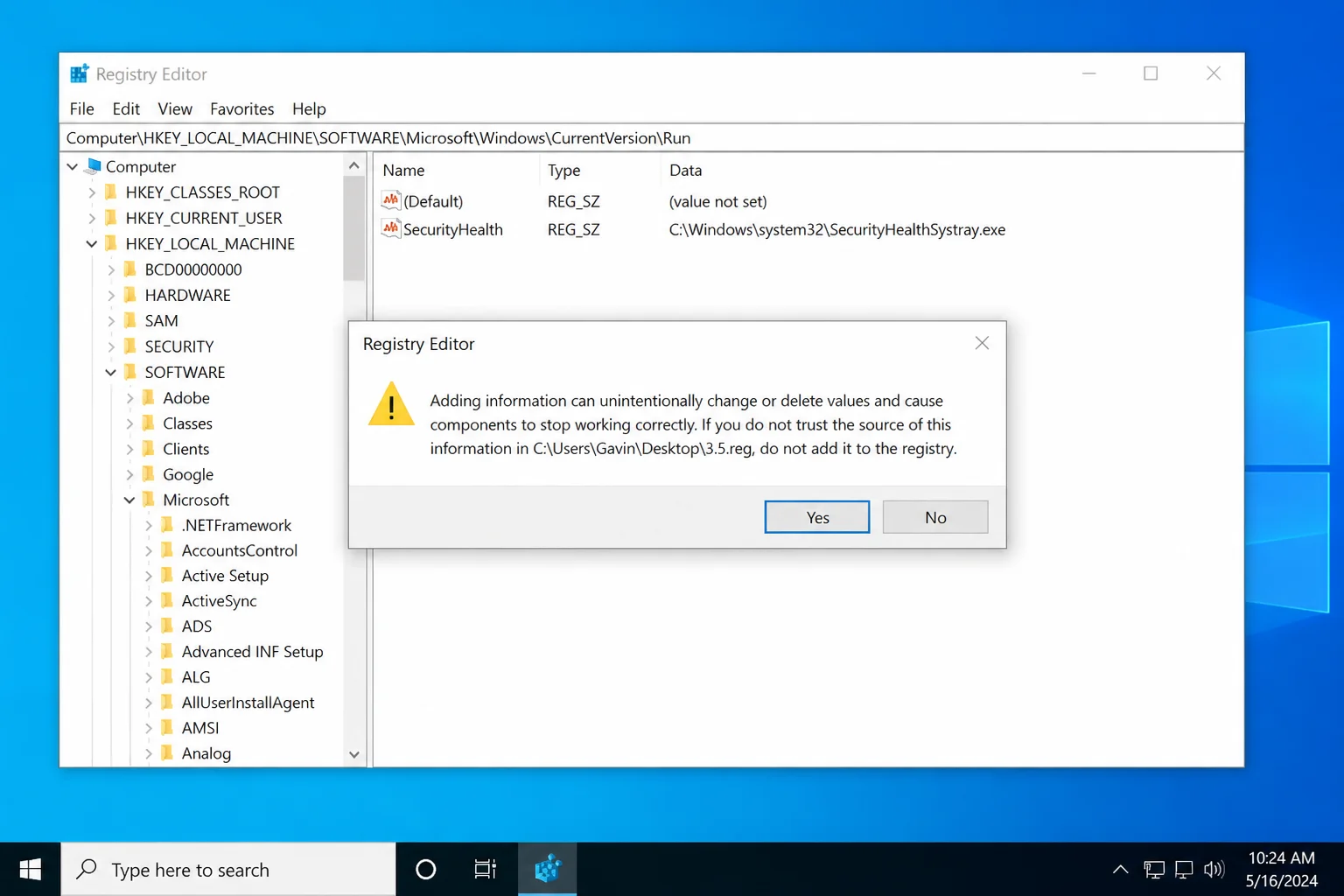 Windows Registry Editor warning dialog asking to confirm merging the .reg file, with Yes button highlighted
