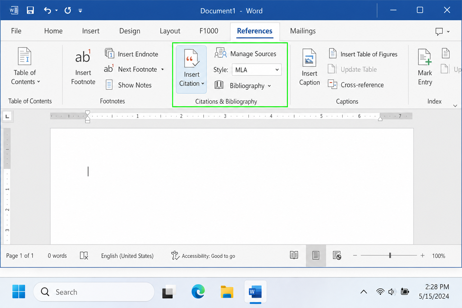Word References tab showing Citations and Bibliography group with Style dropdown set to MLA and Insert Citation button