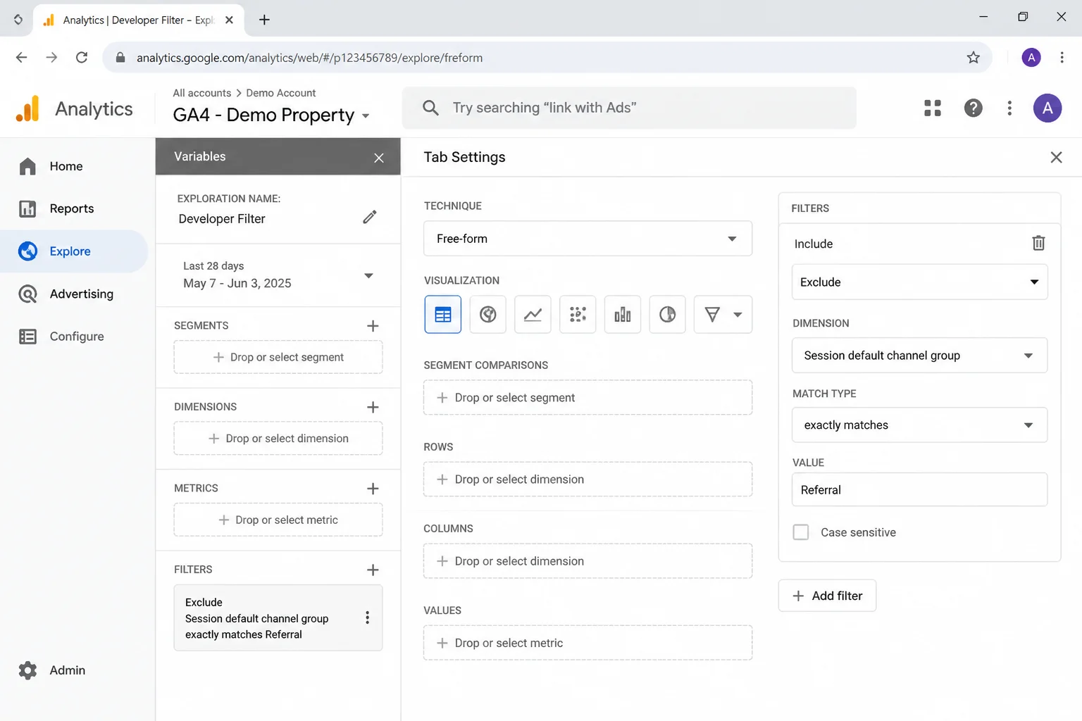 GA4 Free-form exploration Tab Settings panel showing the Filters section with a filter condition configured to exclude a
