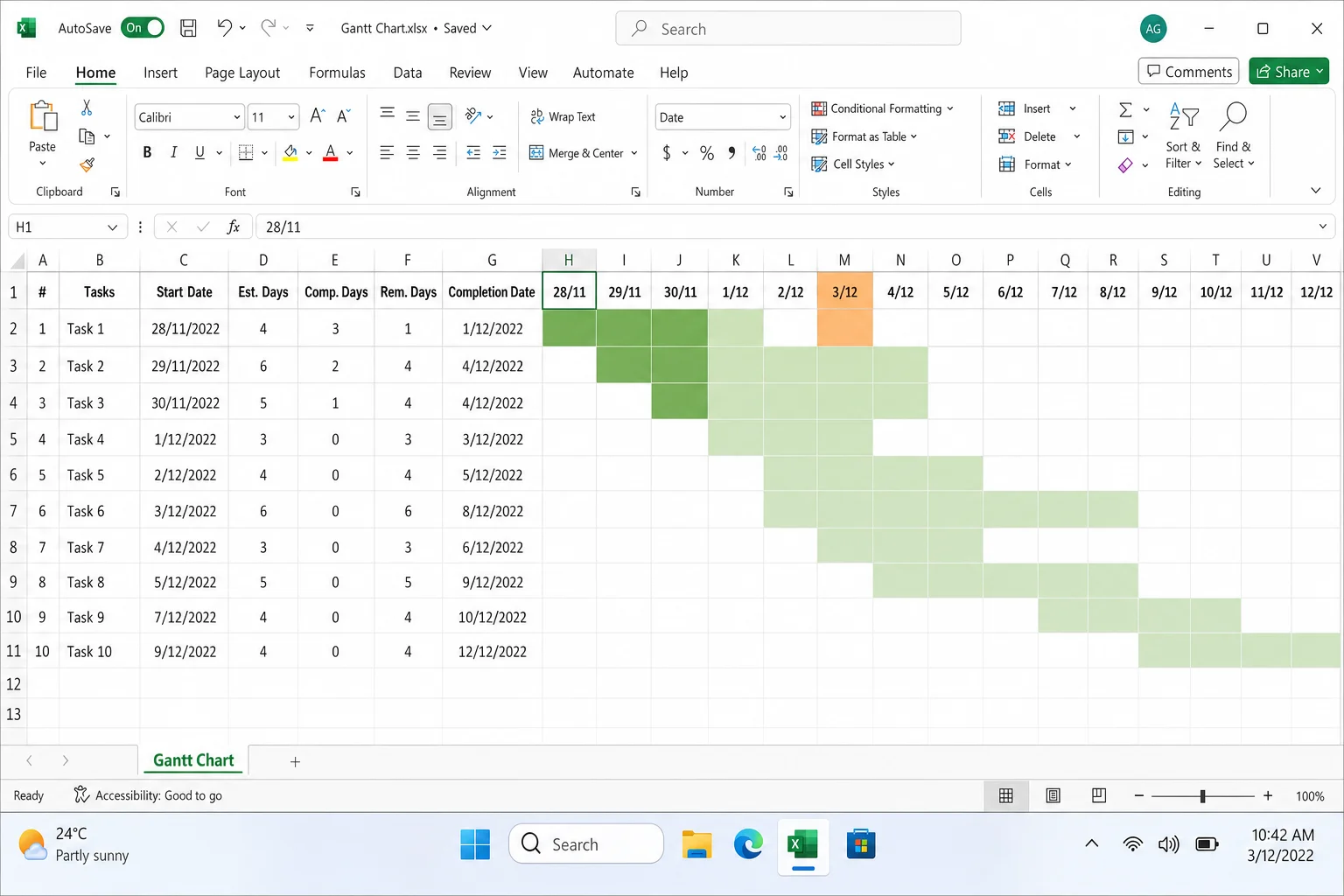 Excel spreadsheet showing a conditional formatting-based Gantt chart with colored cells forming task bars across a date timeline, with today's date highlighted in a distinct color