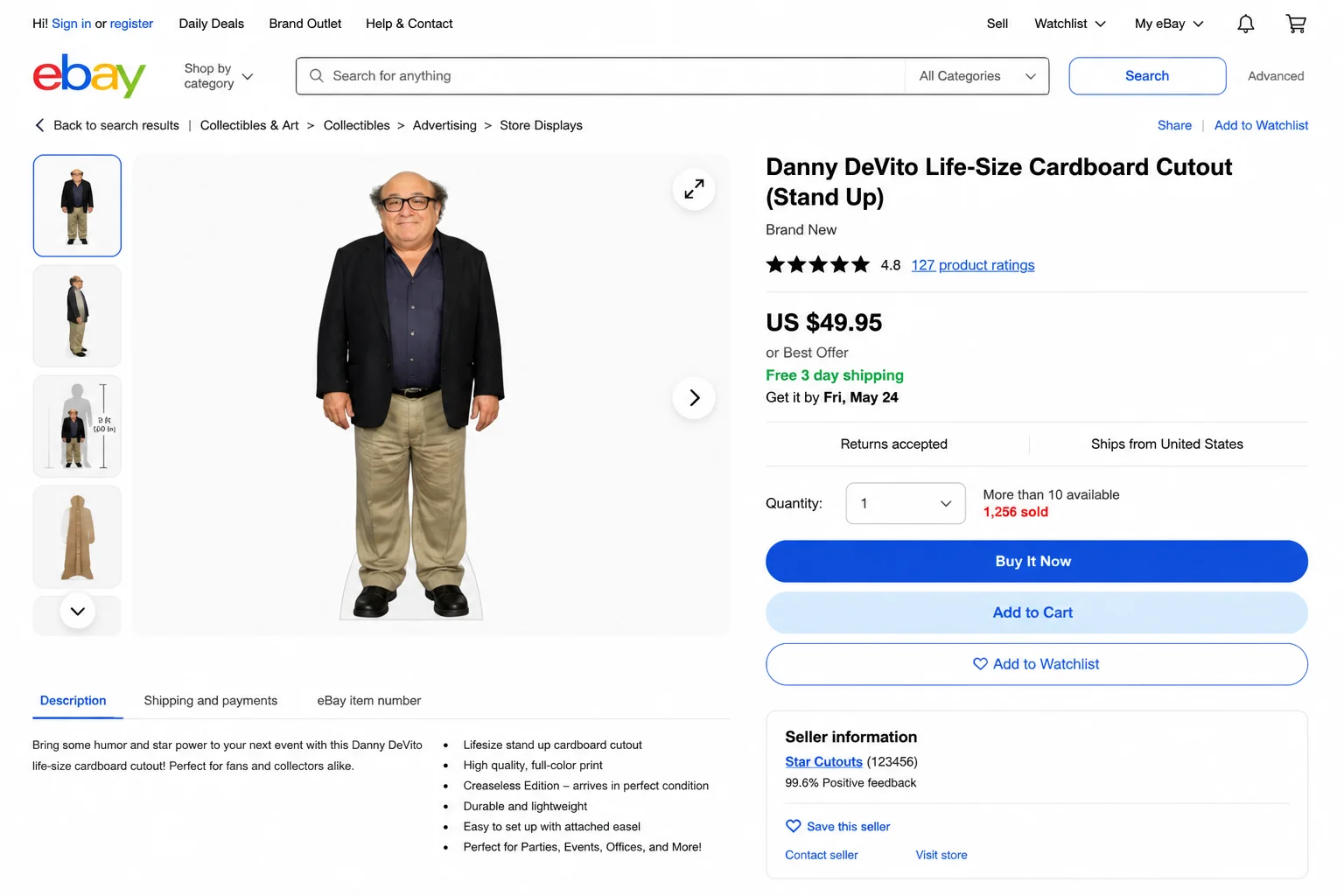 Life-size Danny DeVito cardboard cutout standing upright showing his full likeness from head to toe, suitable for display in a living room or hallway
