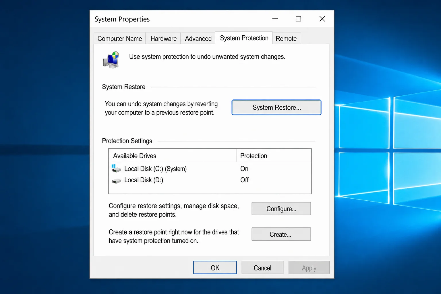 System Properties > System Protection tab with the System Restore button highlighted