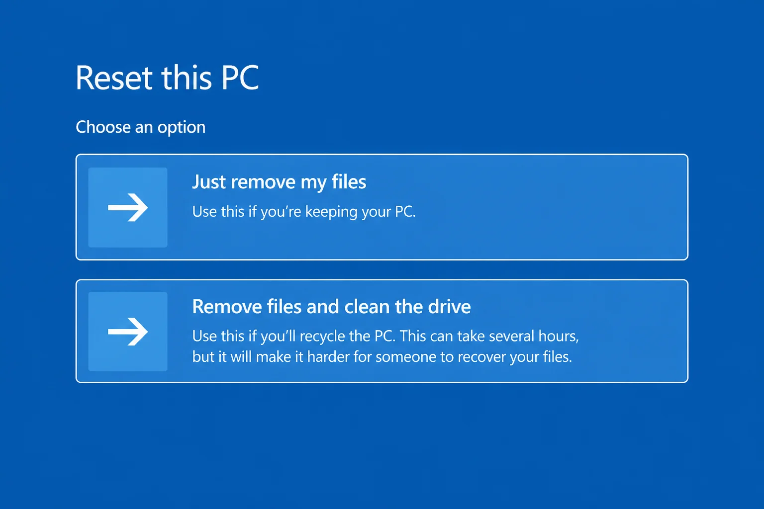 Reset this PC additional settings screen showing Just remove my files and Remove files and clean the drive options