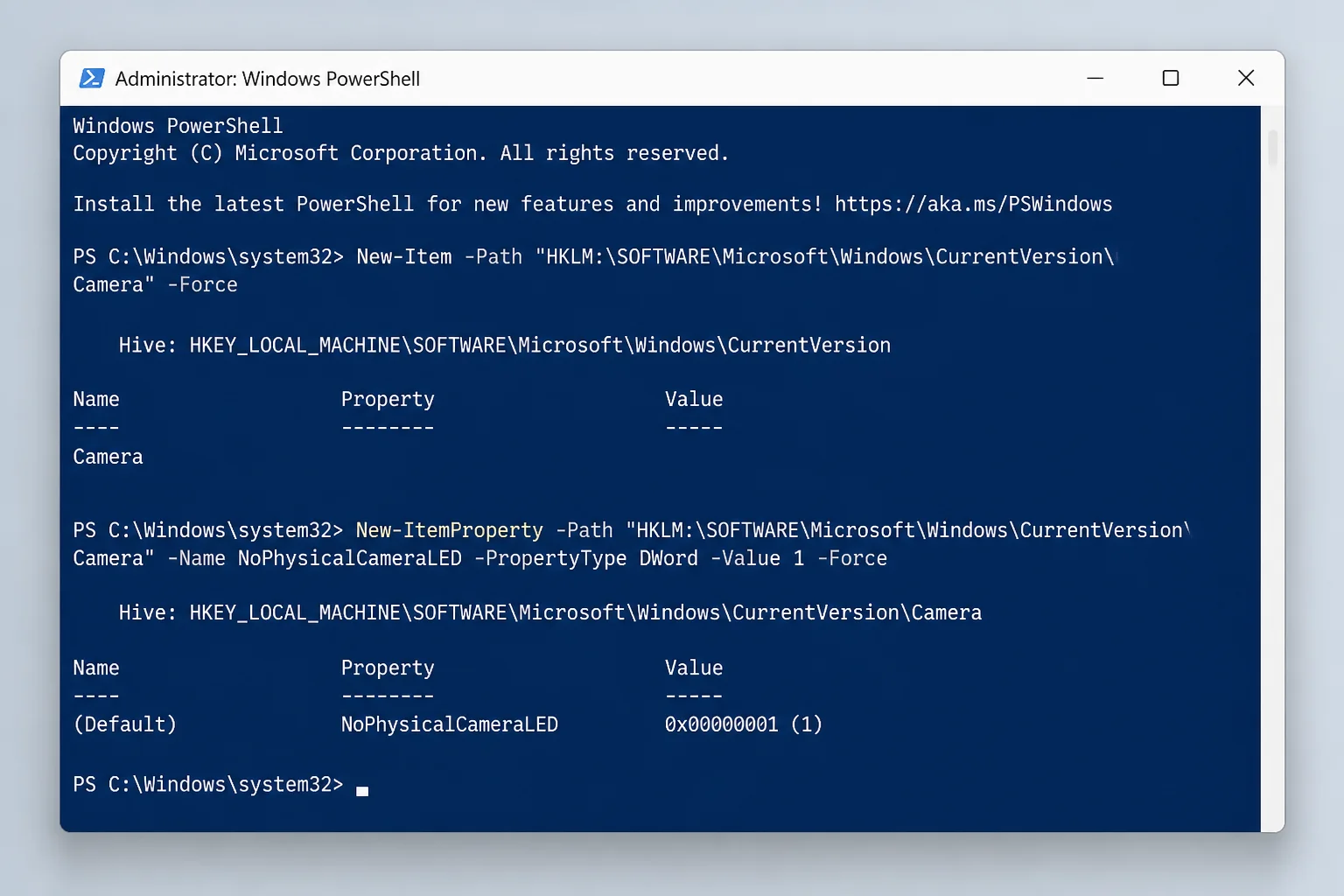 PowerShell running as administrator with the two New-Item and New-ItemProperty commands entered to enable NoPhysicalCameraLED