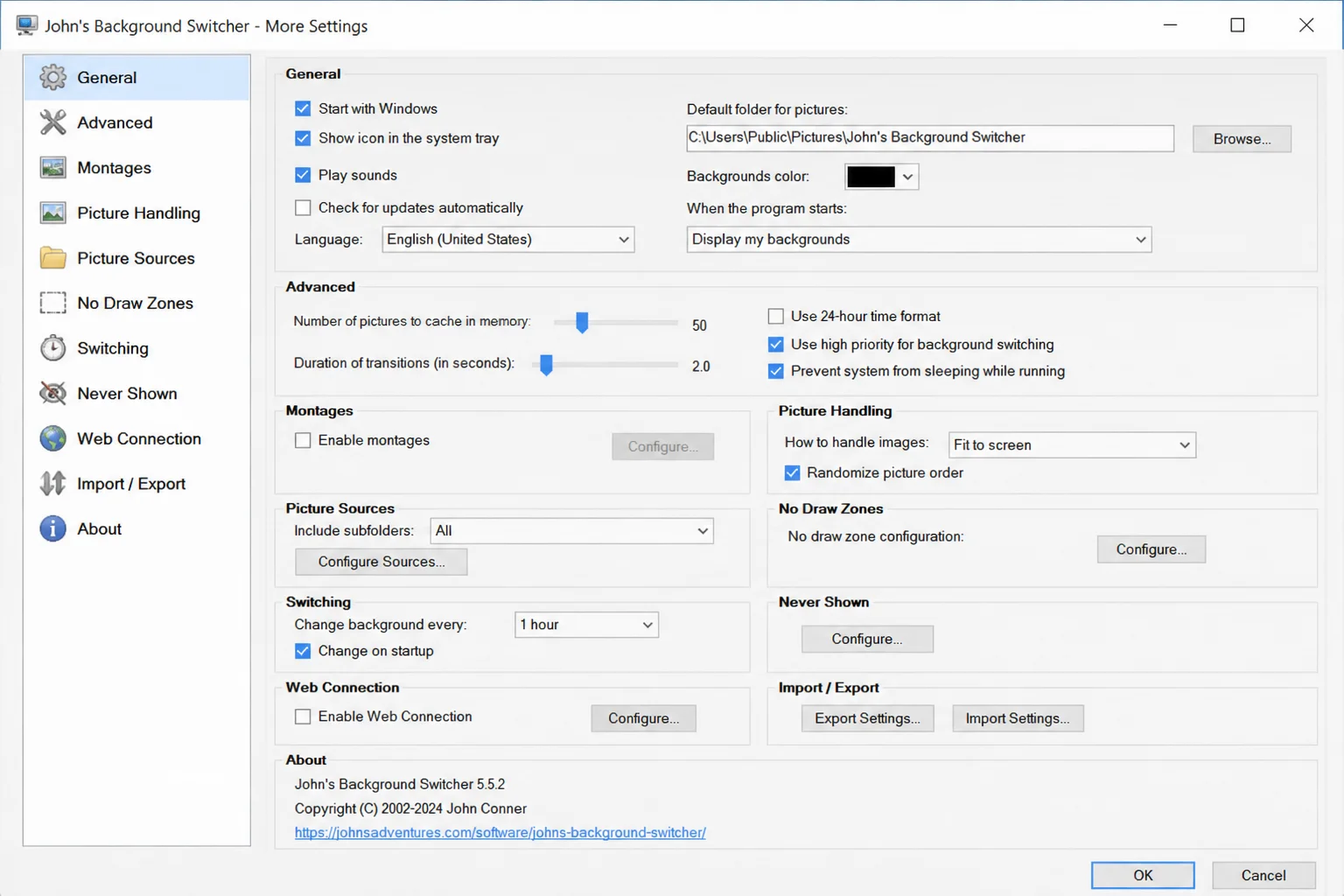 JBS More Settings window showing all advanced options including startup behavior, picture information, calendar, keyboard shortcuts, and background effects
