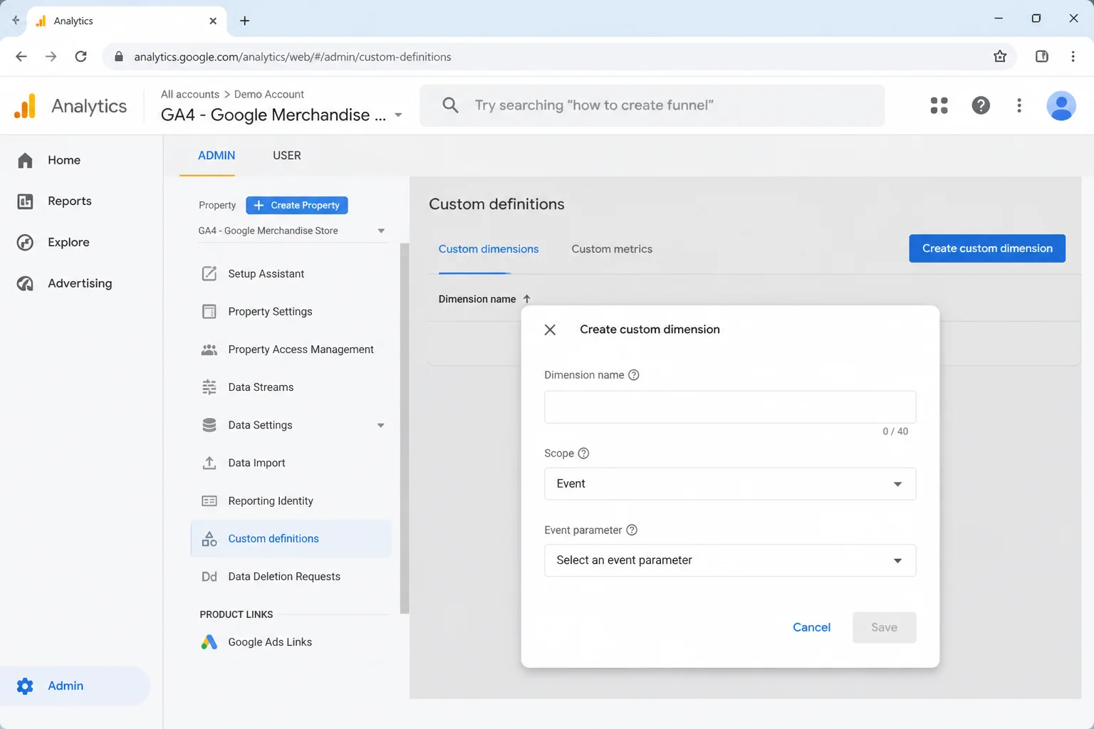 GA4 Admin > Property > Custom definitions page showing the Create custom dimension panel with fields for Dimension name