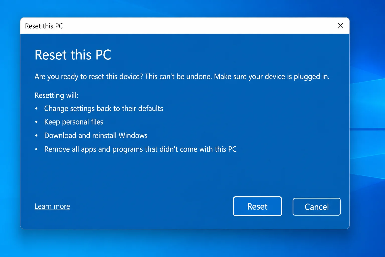 Reset this PC final confirmation screen with Reset button highlighted