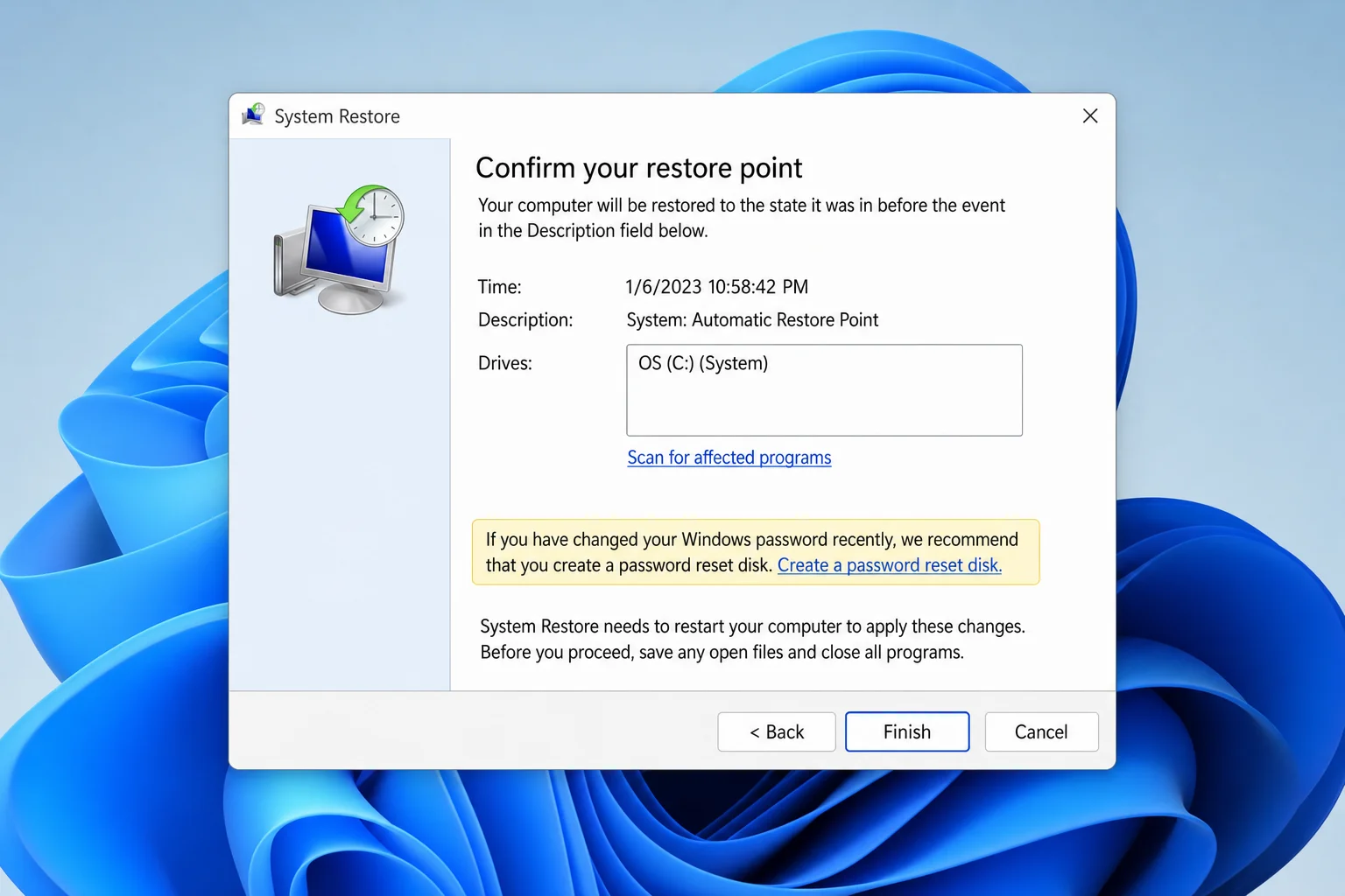 System Restore confirmation page showing the selected restore point details with the Finish button highlighted