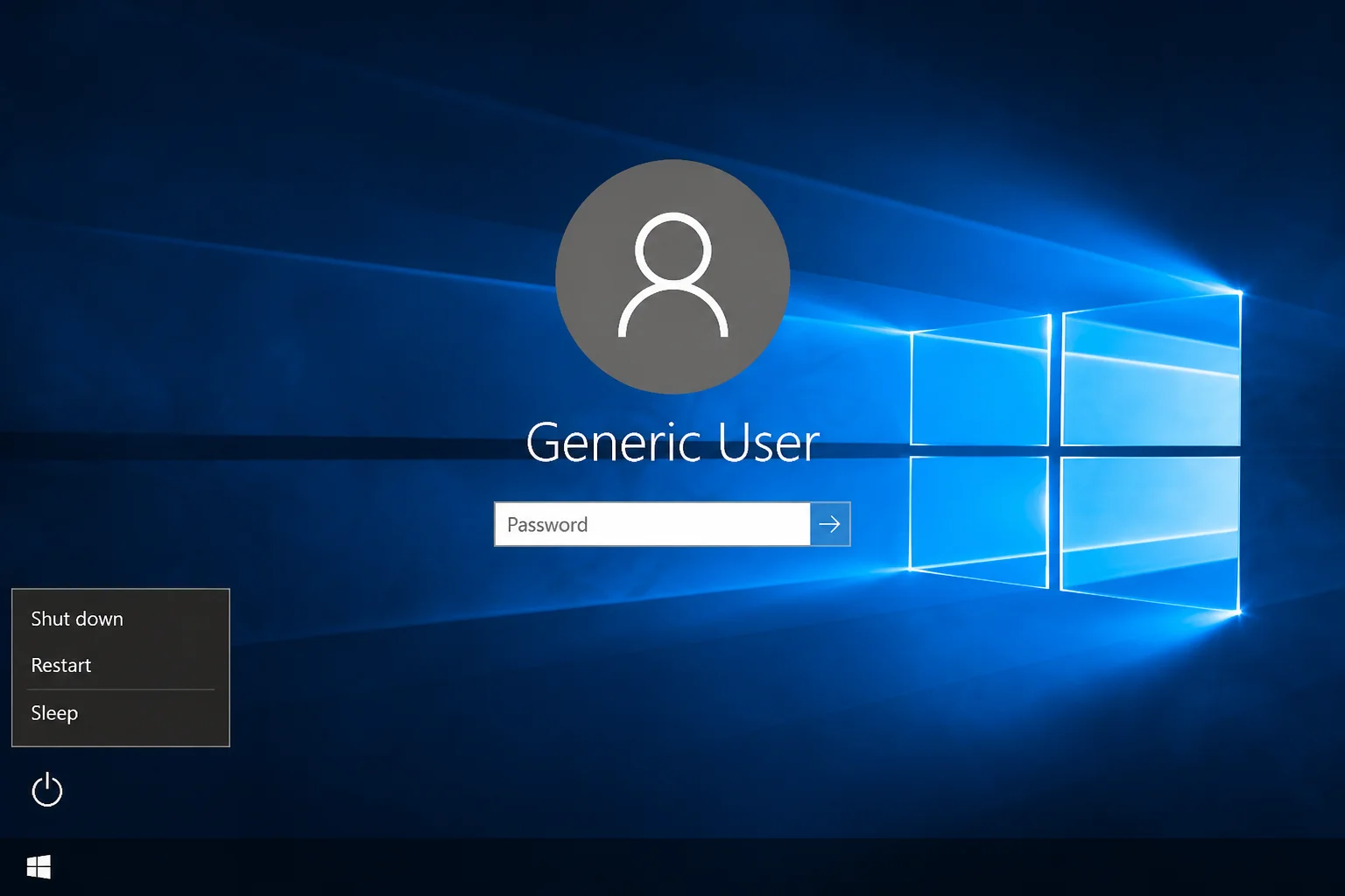Windows 10 sign-in screen with Power menu expanded and Restart option visible