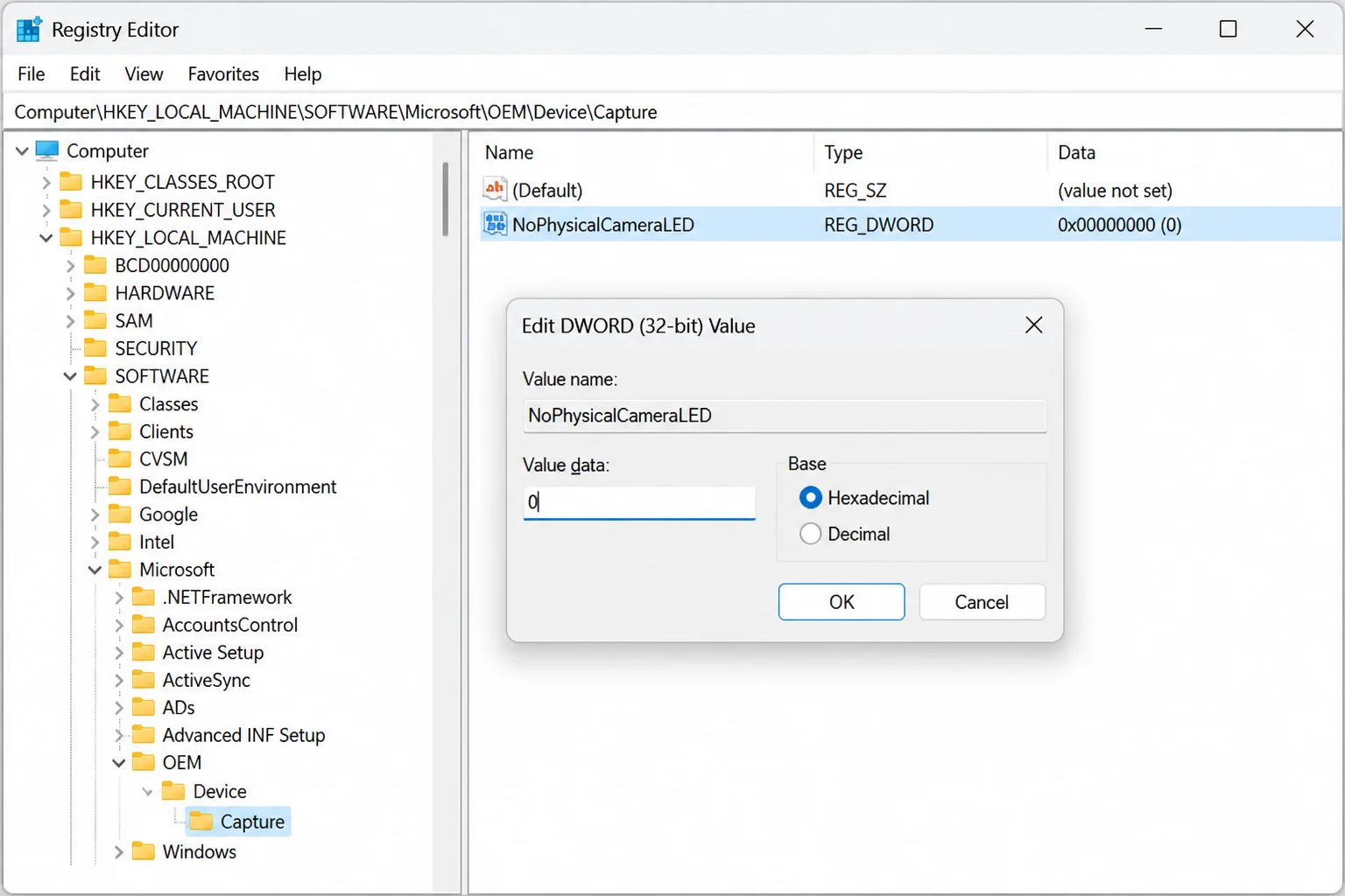 Edit DWORD Value dialog for NoPhysicalCameraLED with Value data set to 0 to disable the camera OSD notification