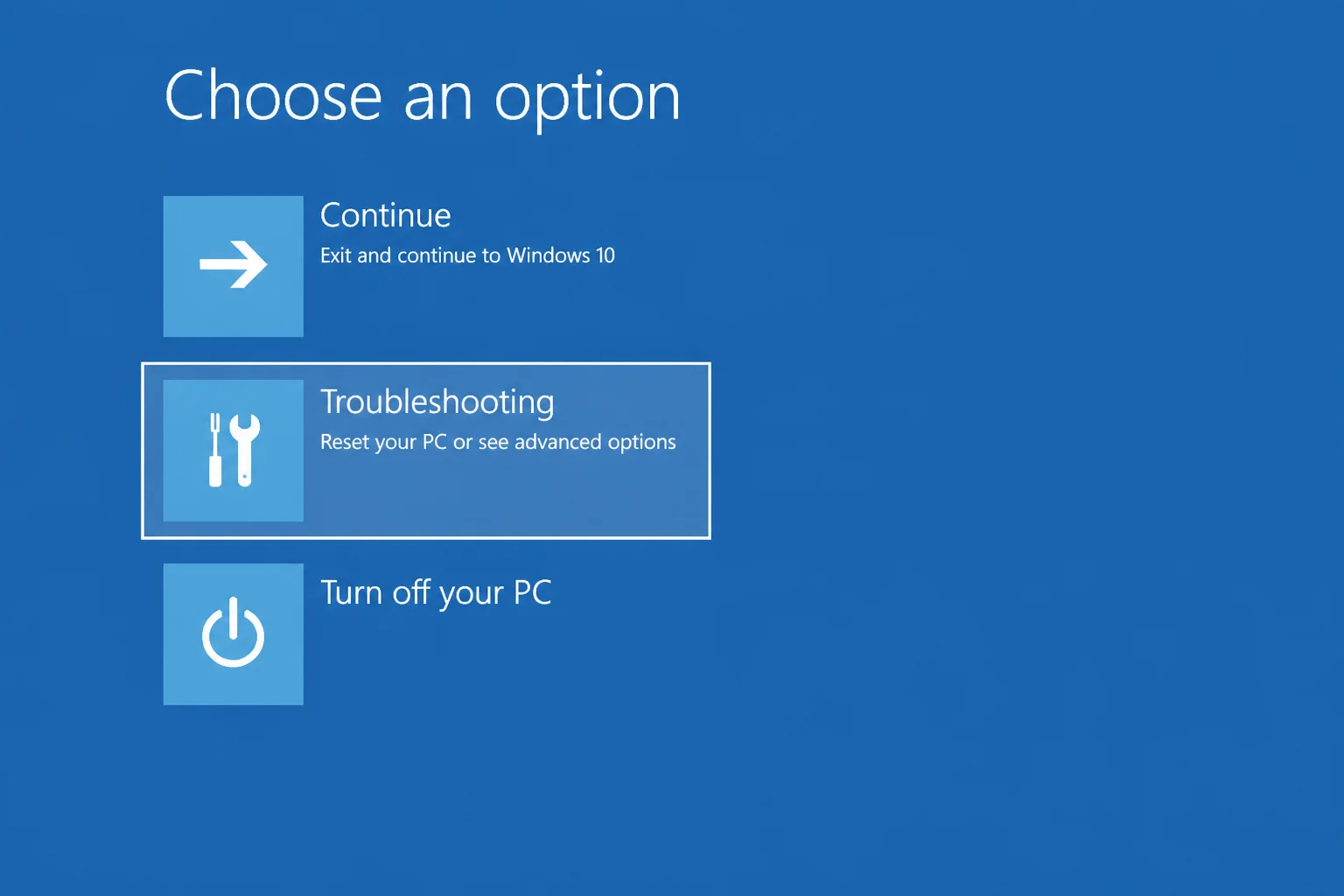 Windows Recovery Environment blue Choose an option screen with Troubleshoot highlighted