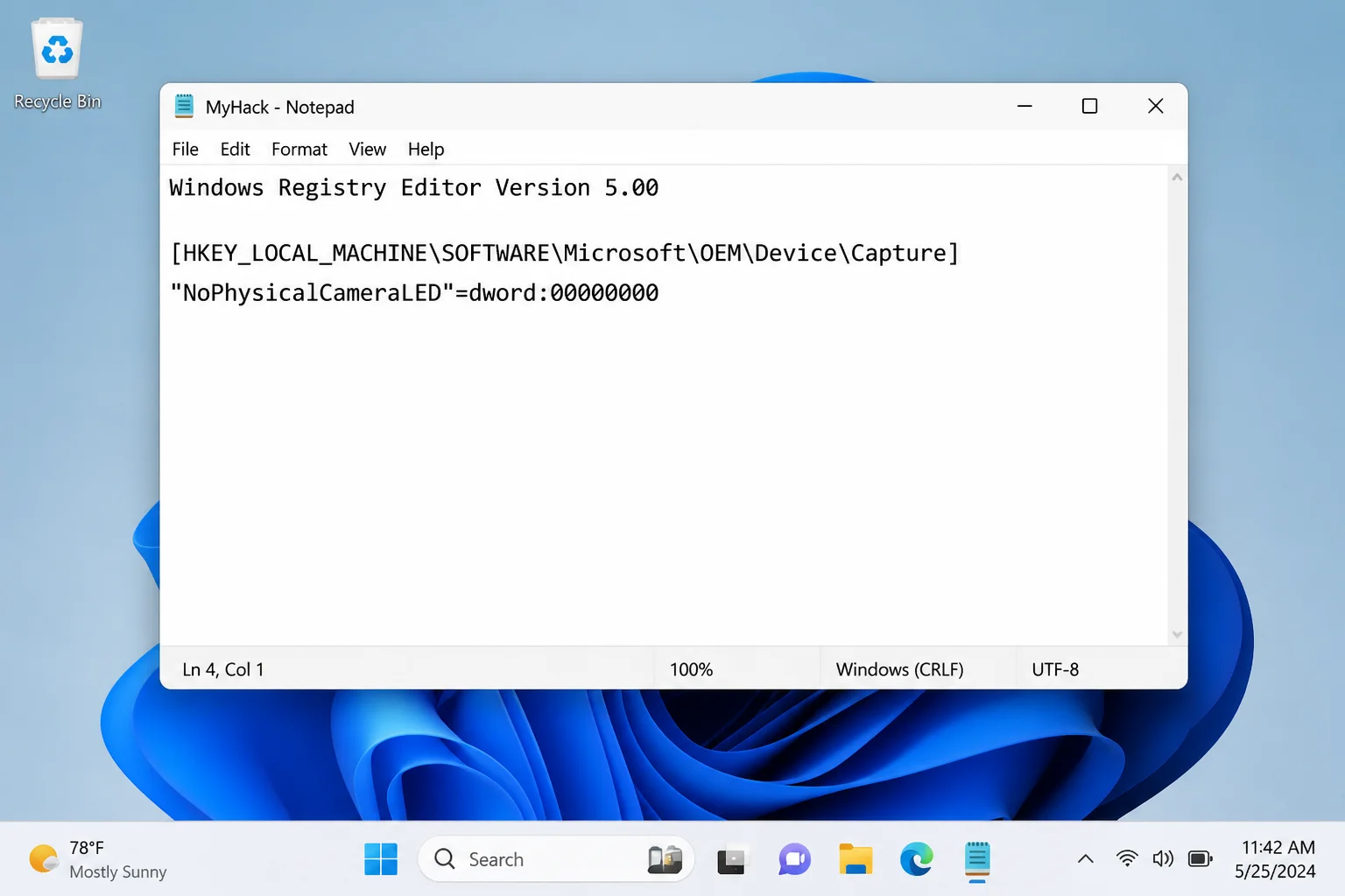 Notepad window containing the registry file text for disabling the NoPhysicalCameraLED value set to 00000000