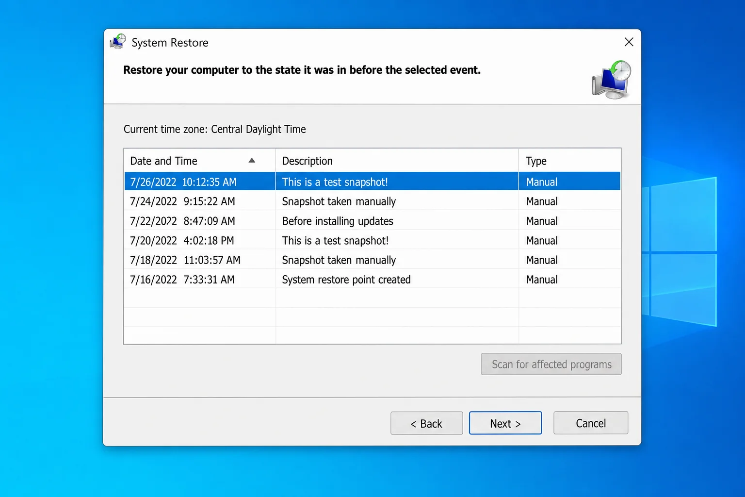 System Restore window accessed from Windows Recovery Environment showing a list of available restore points to choose from