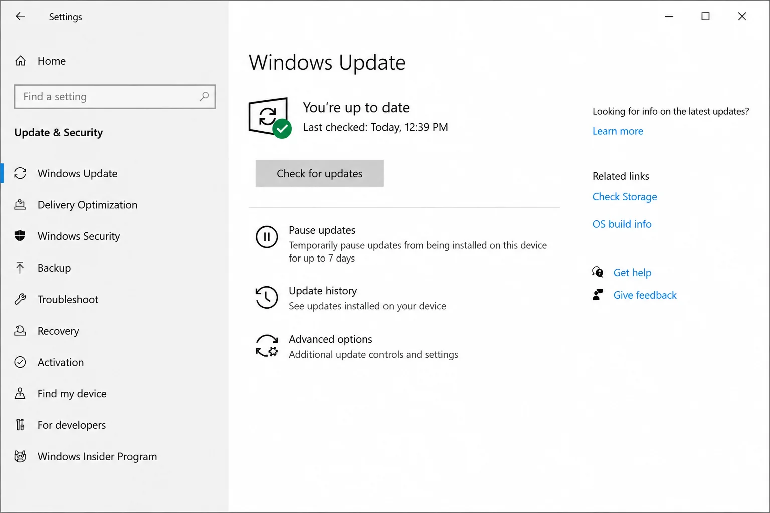 Windows 10 Windows Update settings page with Check for updates button