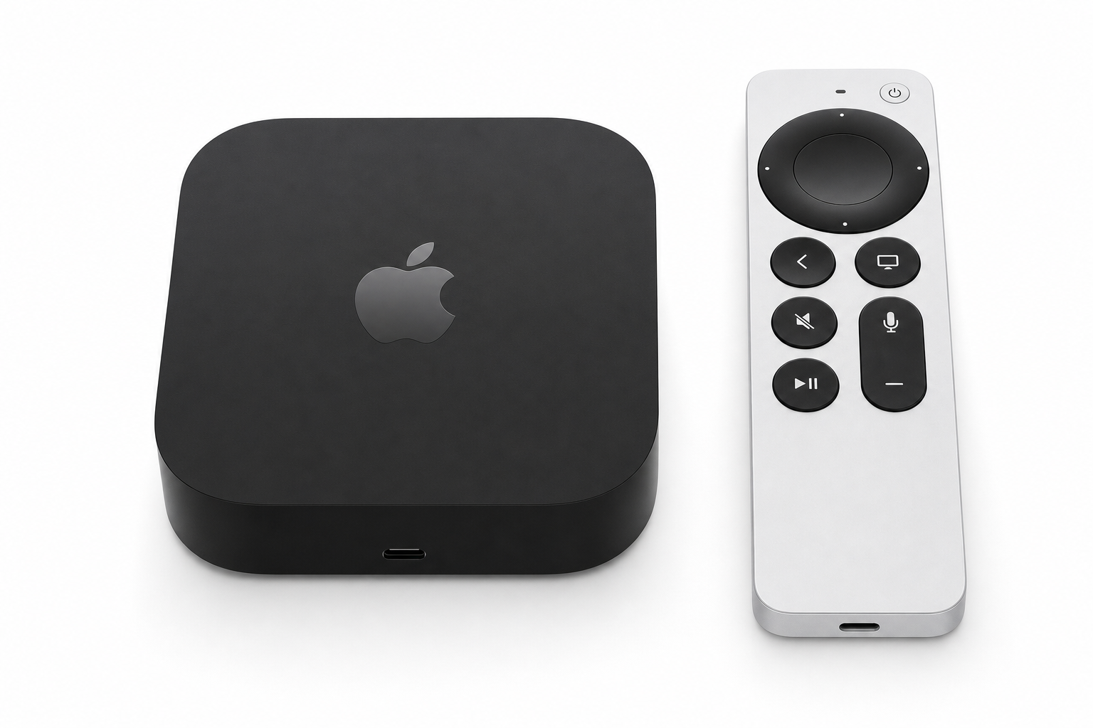 Apple TV 4K (2022) box and Siri Remote side by side on a clean white background