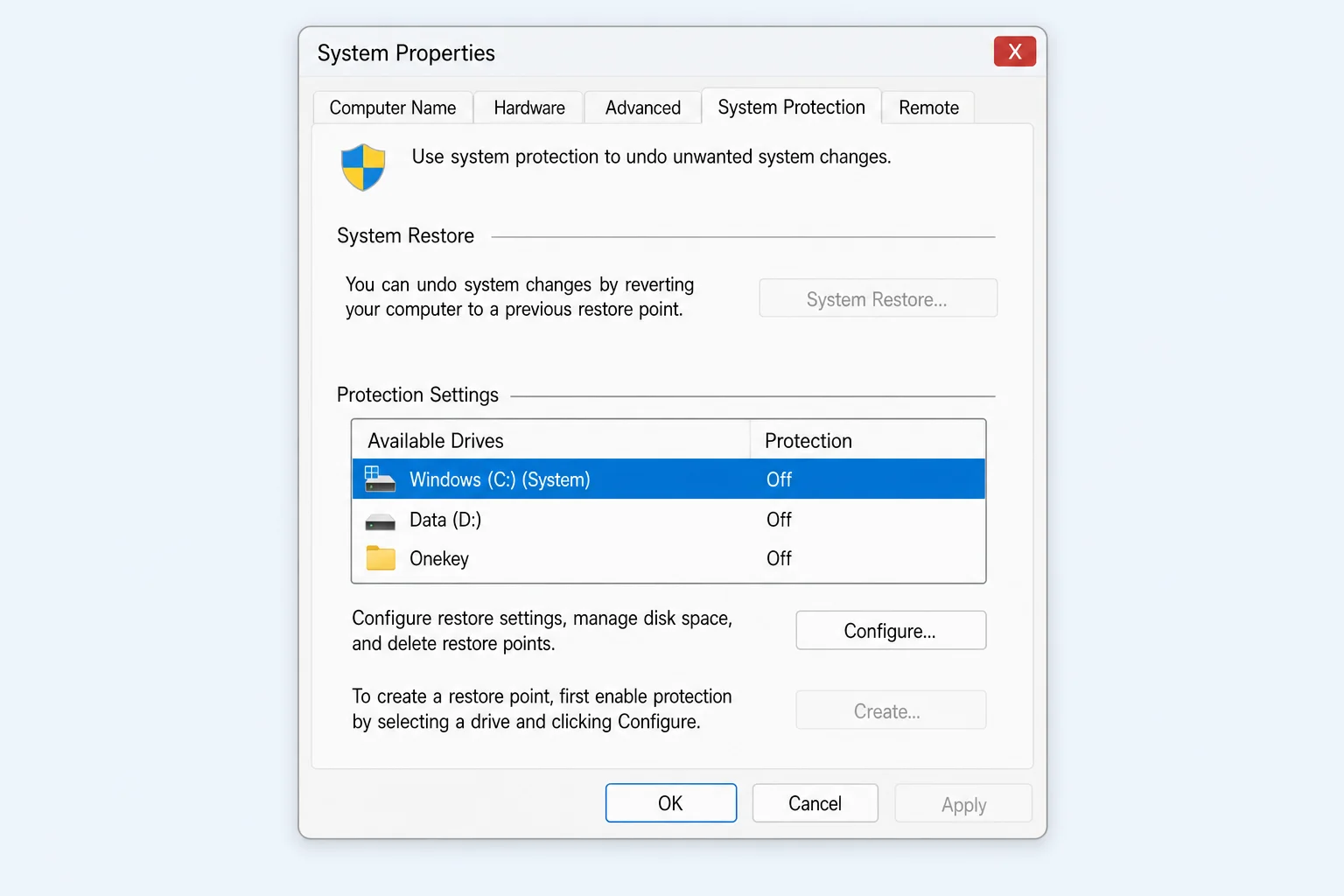 System Properties > System Protection tab showing Protection Settings list with C: drive showing "Off" status, and the Create and System Restore buttons greyed out