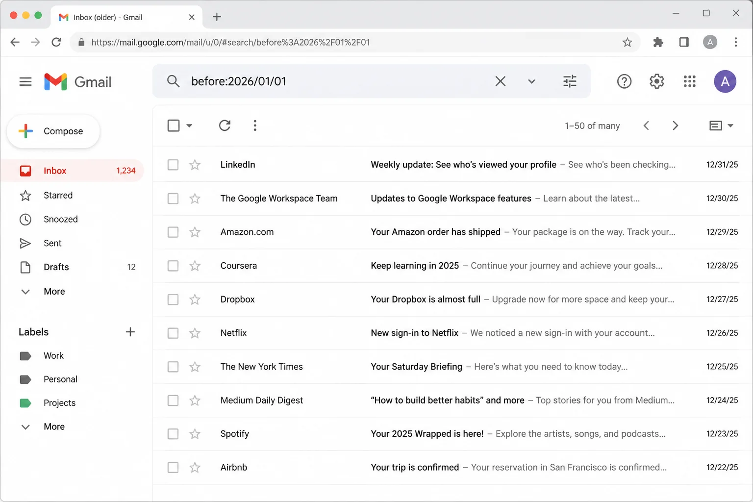 Current Gmail web interface showing the search query before:2026/01/01 and the resulting list of older messages