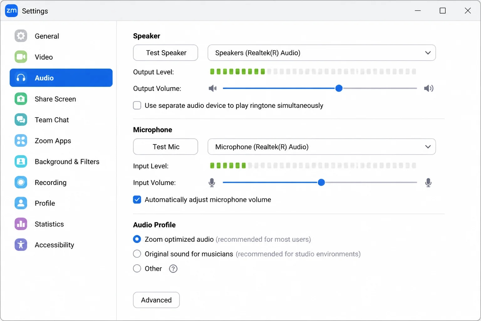 Zoom Workplace Settings with Audio test controls and the Video & effects section visible