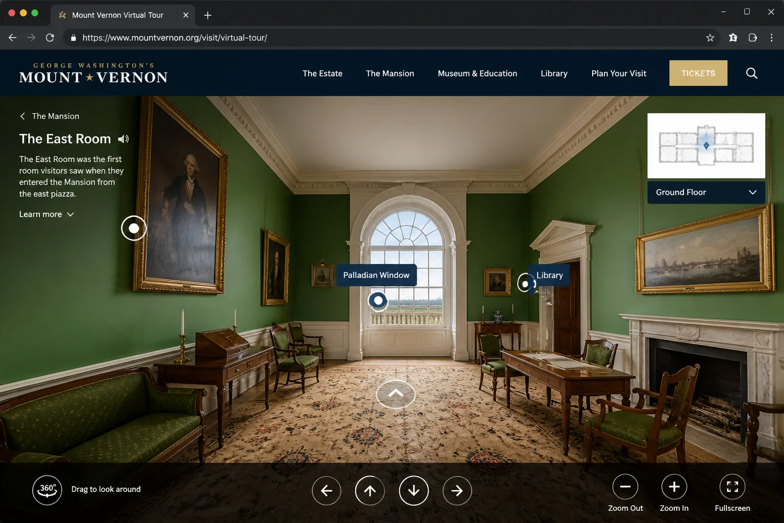 Virtual museum tour showing a 360-degree gallery view with labeled information hotspots and room navigation controls