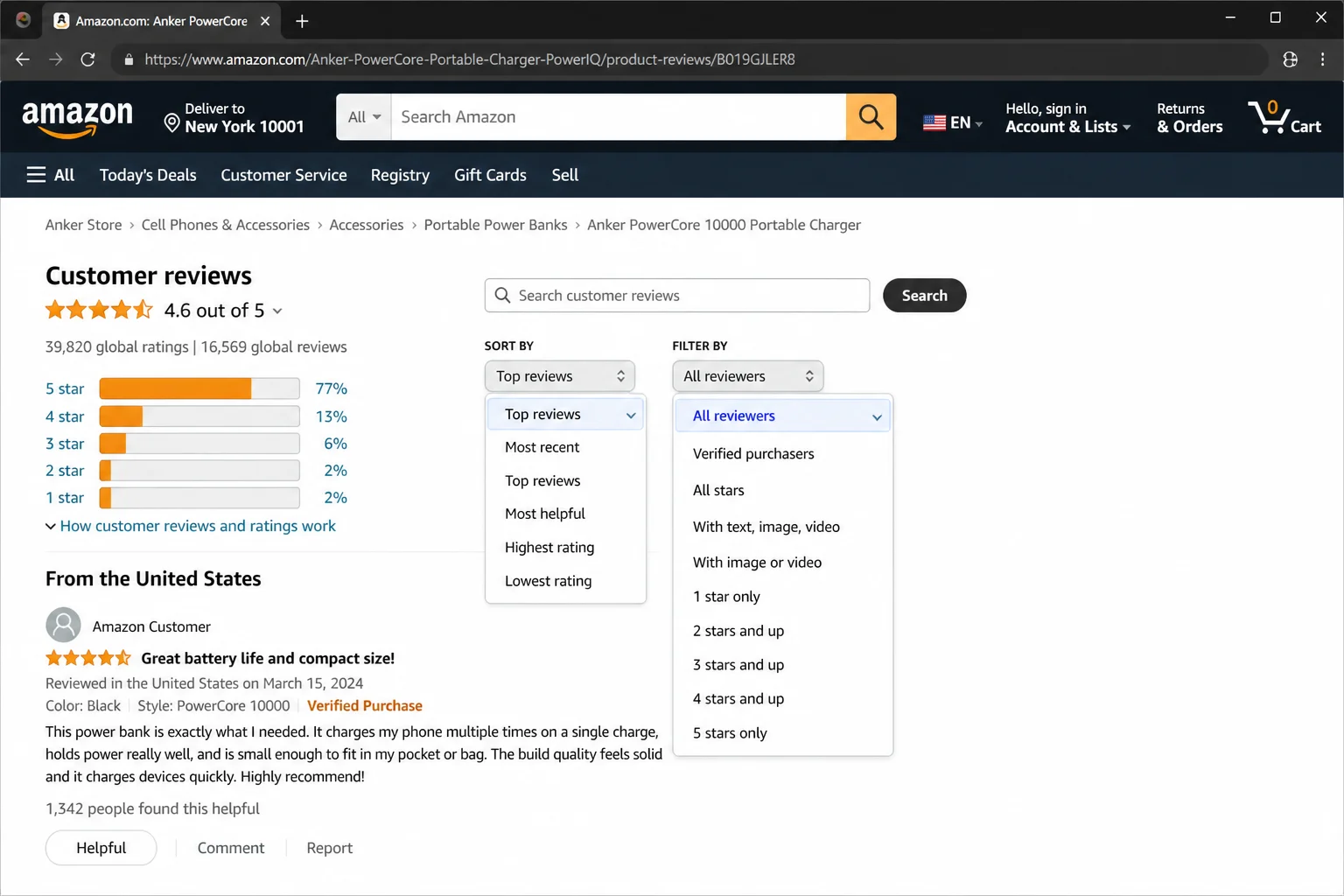 Amazon full reviews page showing the "Sort by" dropdown set to "Most recent" and the "All formats" filter dropdown open