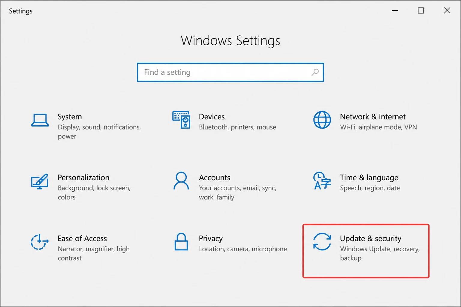 Windows 10 Settings main page with Update & Security tile highlighted