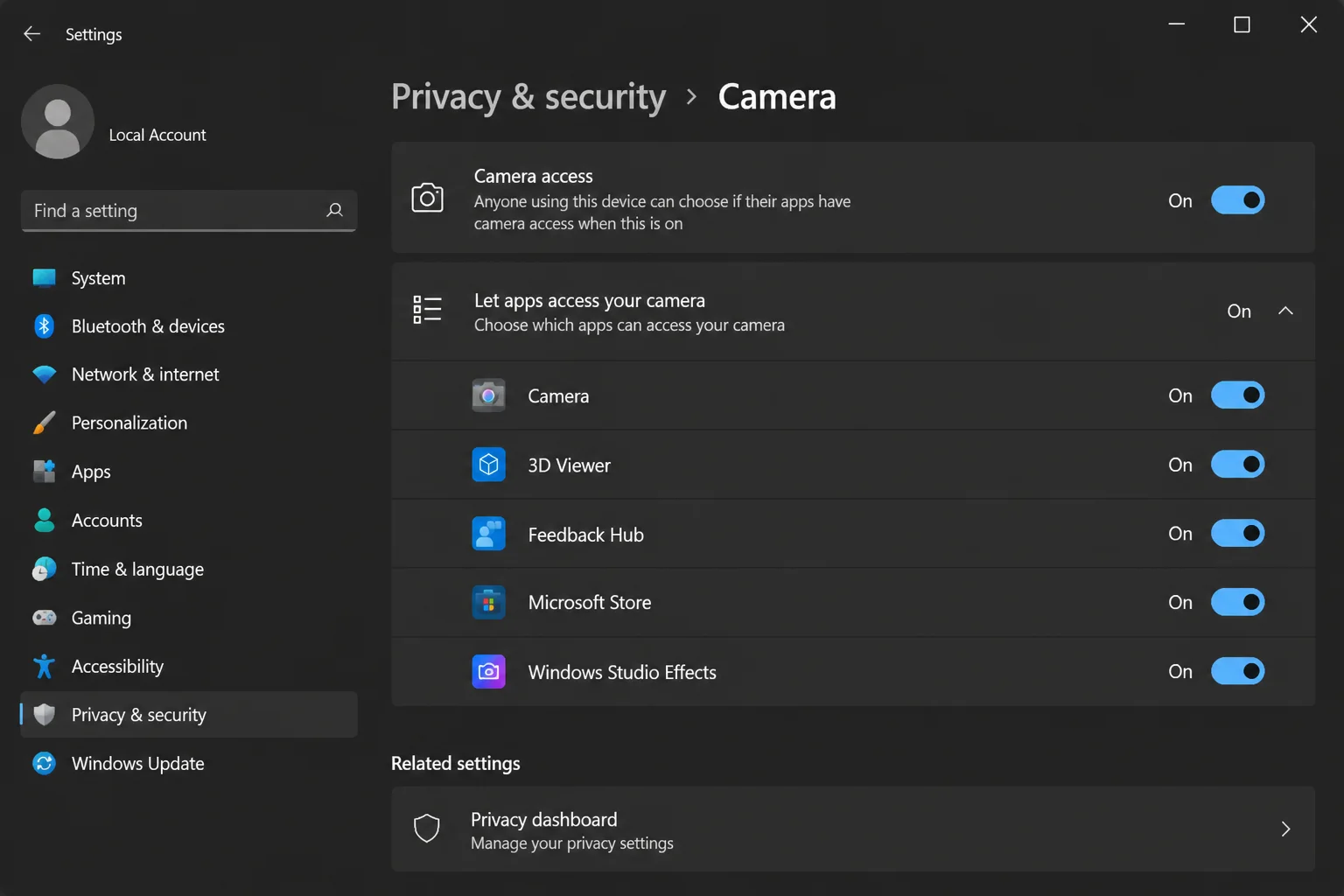 Windows 11 Settings > Privacy & security > Camera page showing Camera access and Let apps access your camera toggles both set to On