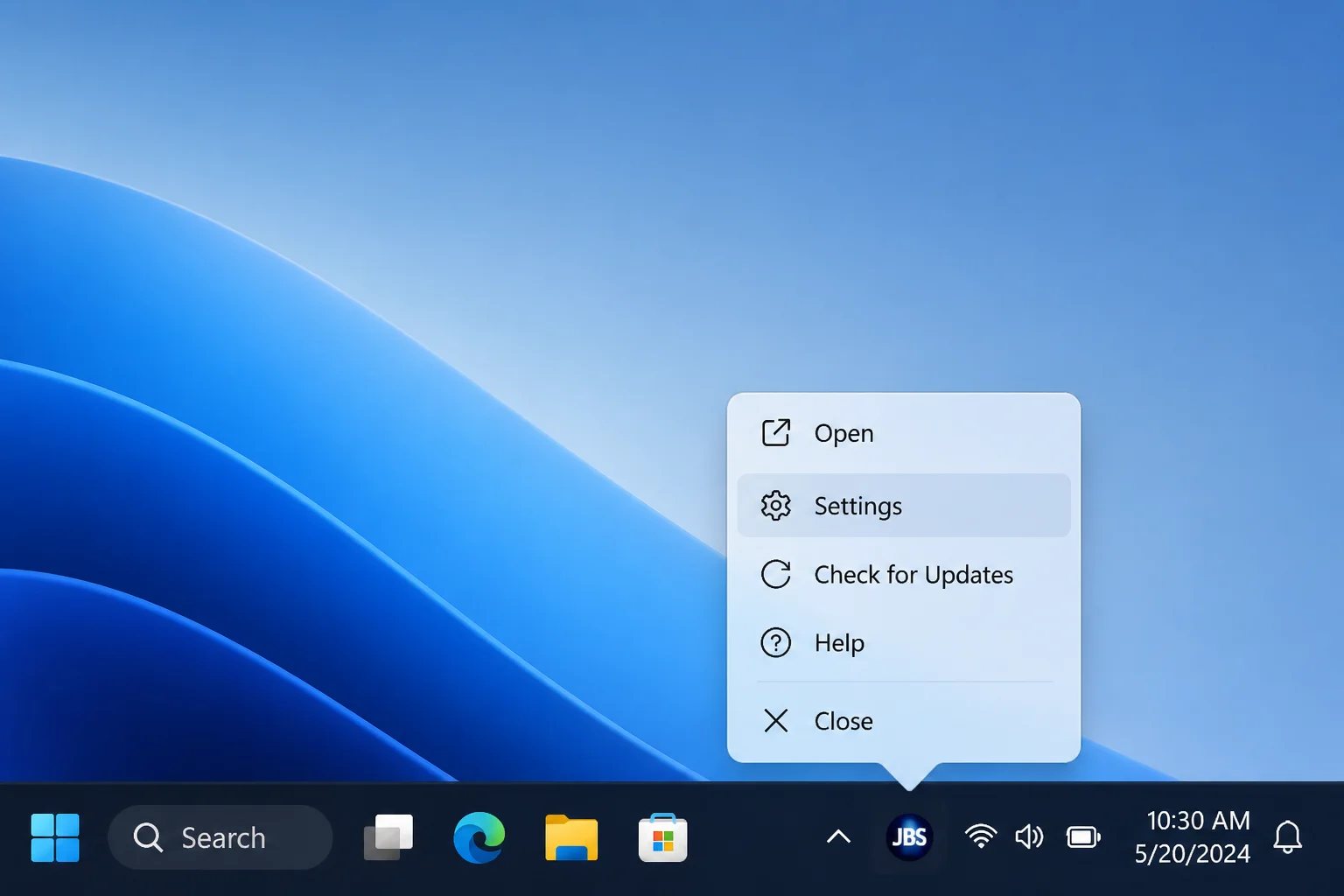 Windows 11 notification area with the JBS icon visible and its right-click context menu open, showing Settings option