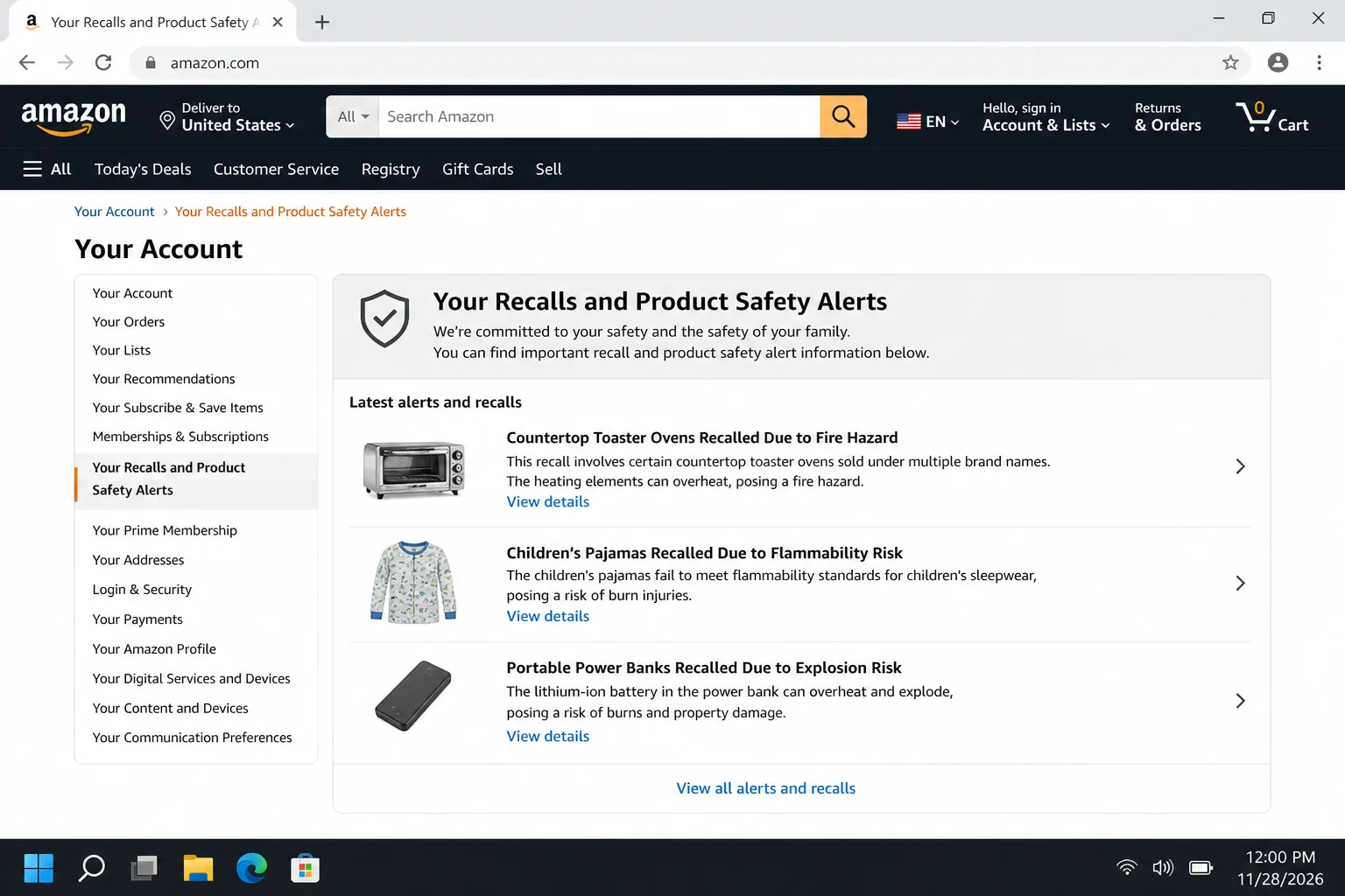 Amazon account page showing Your Recalls and Product Safety Alerts section