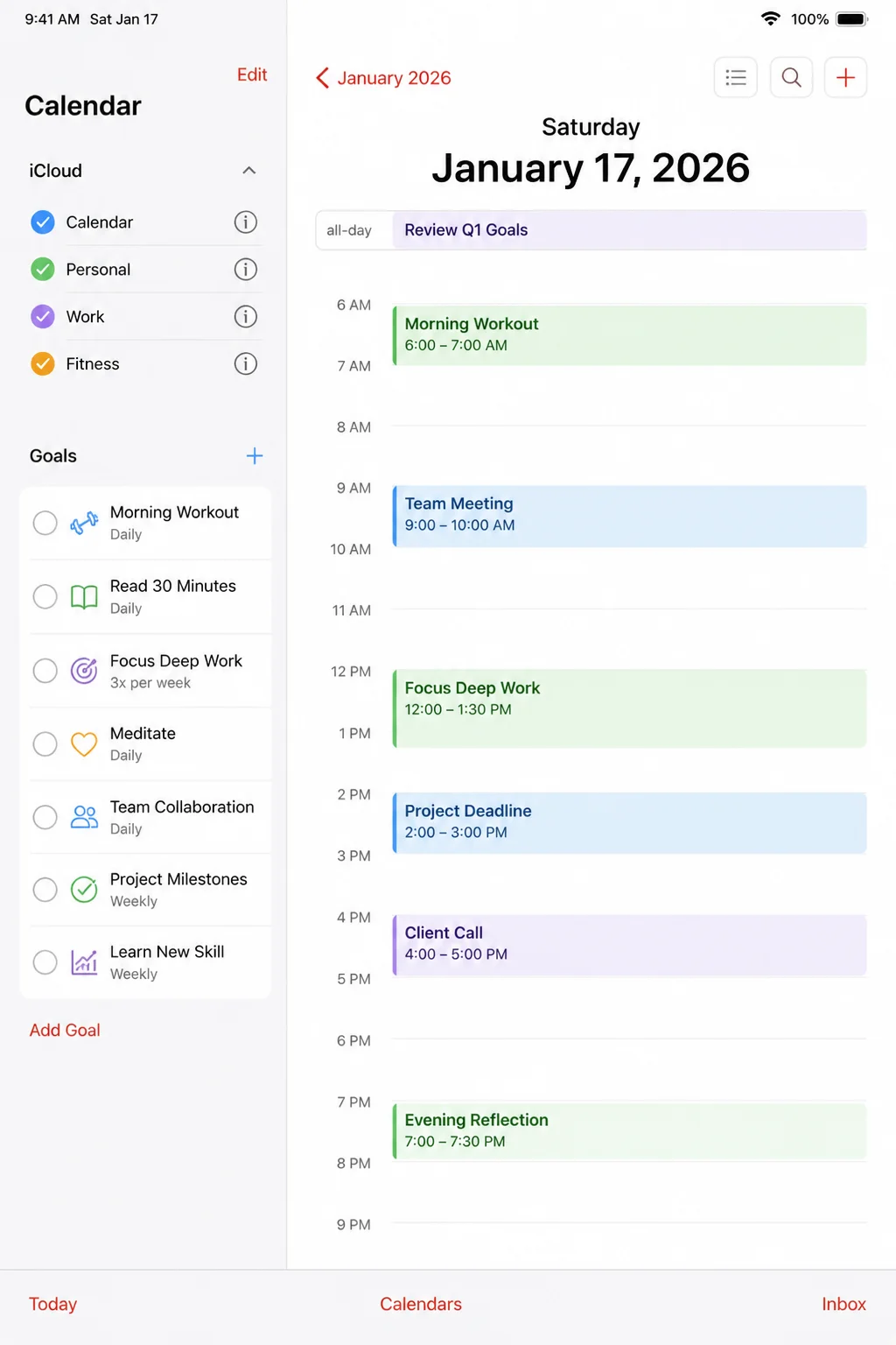 Habi calendar view showing a personal goal scheduled as a time block with the goals panel visible